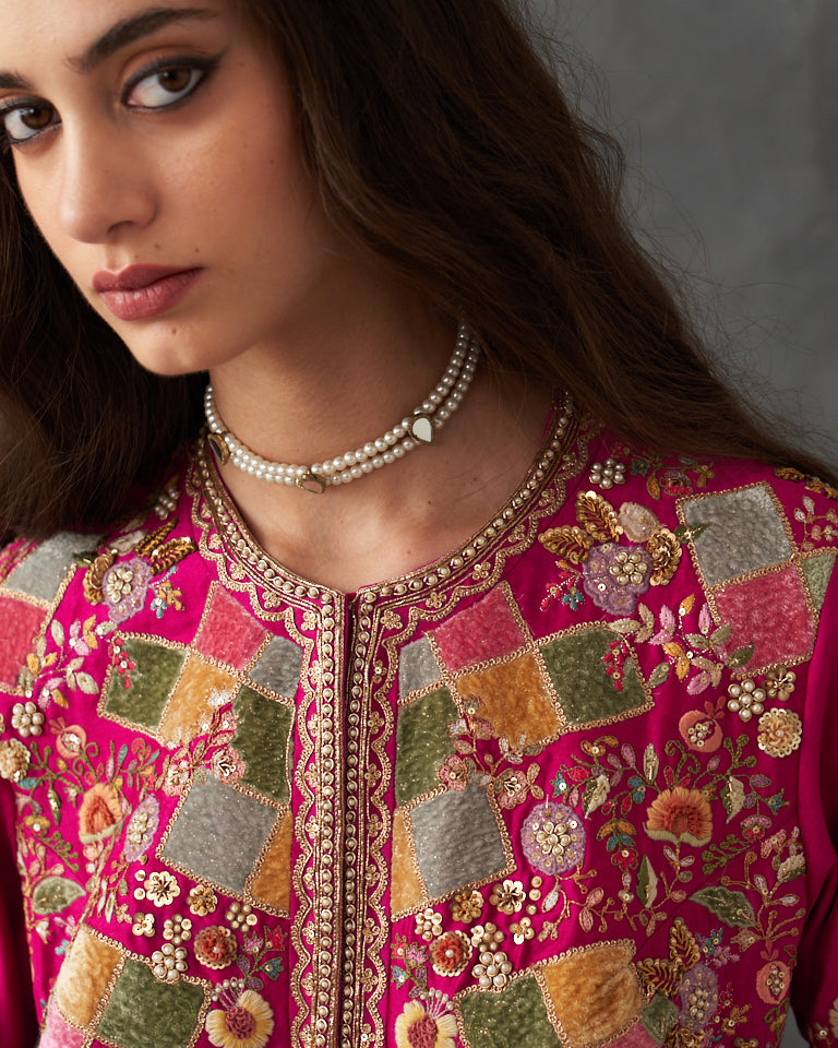 Velvet patchwork Asymetrical kurta kalidar with bottom.