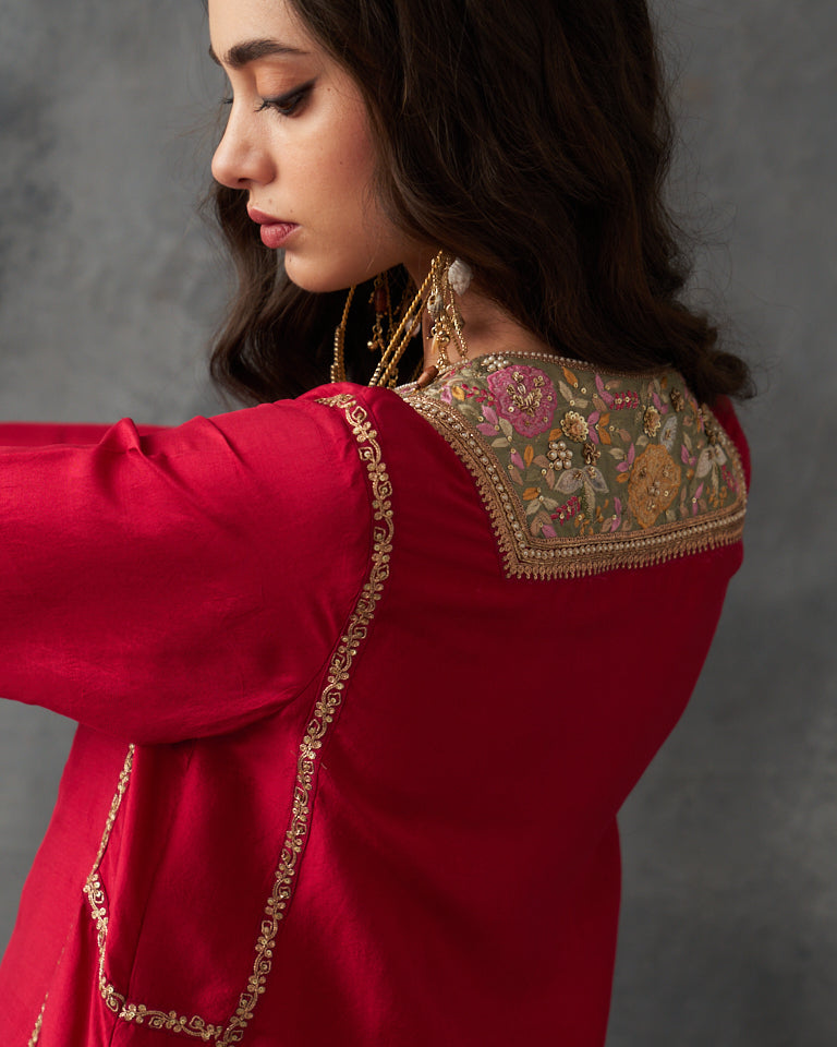 Velvet patchwork Asymetrical Kurta with embroidered pants.