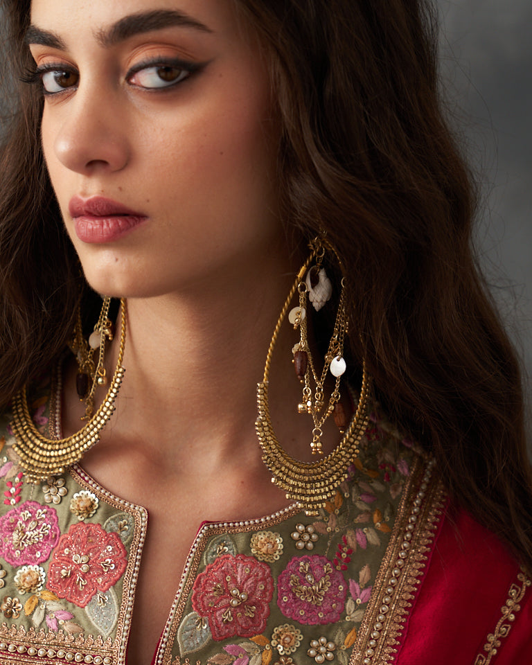 Velvet patchwork Asymetrical Kurta with embroidered pants.