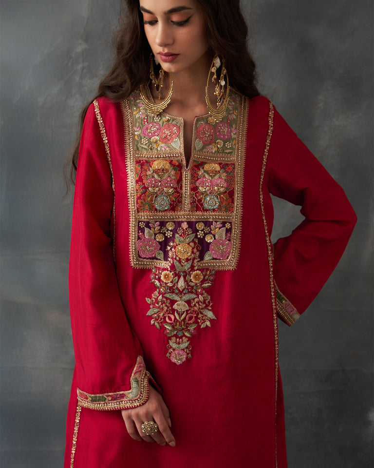 Velvet patchwork Asymetrical Kurta with embroidered pants.