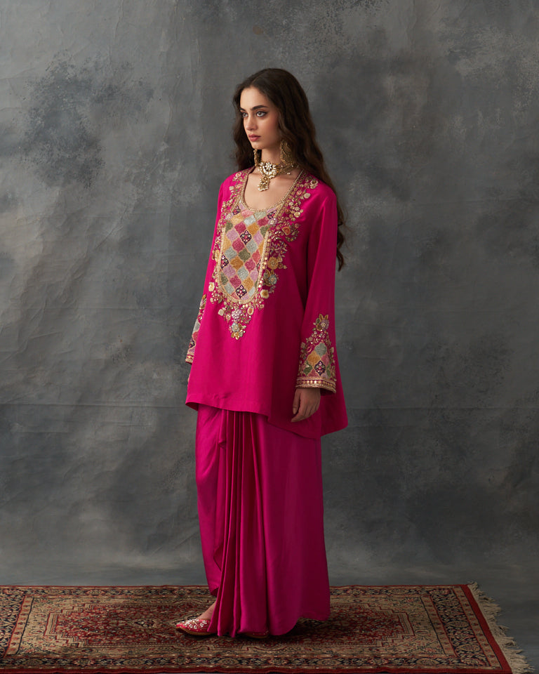 Velvet patchwork Festive Pret short kurti with draped skirt.