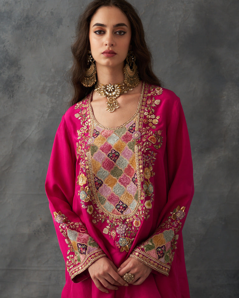 Velvet patchwork Festive Pret short kurti with draped skirt.