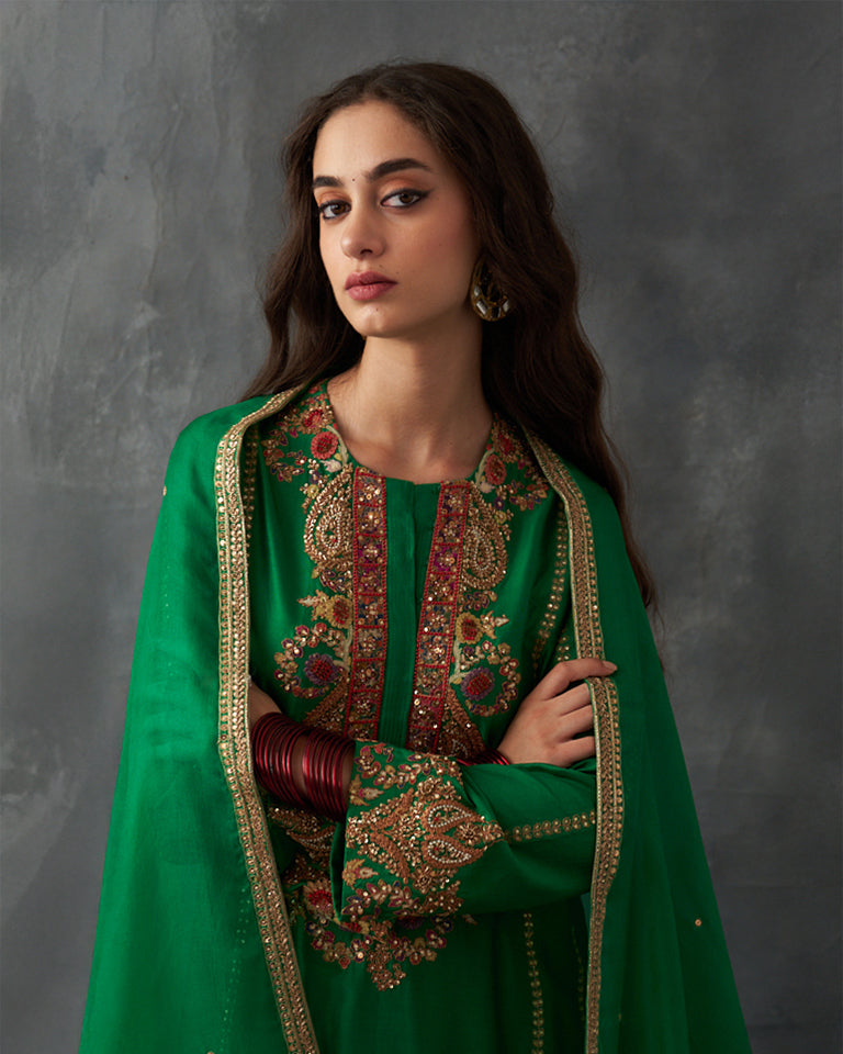 Gulrez A-line Kurta set with pants & dupatta.