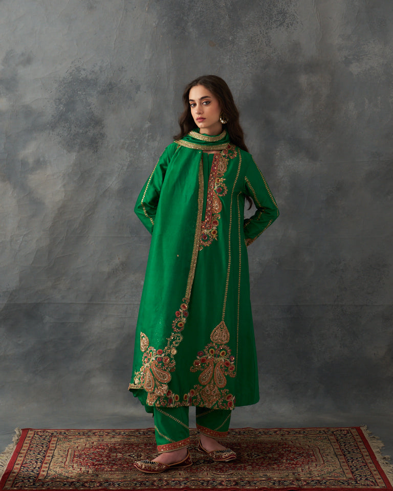 Gulrez A-line Kurta set with pants & dupatta.