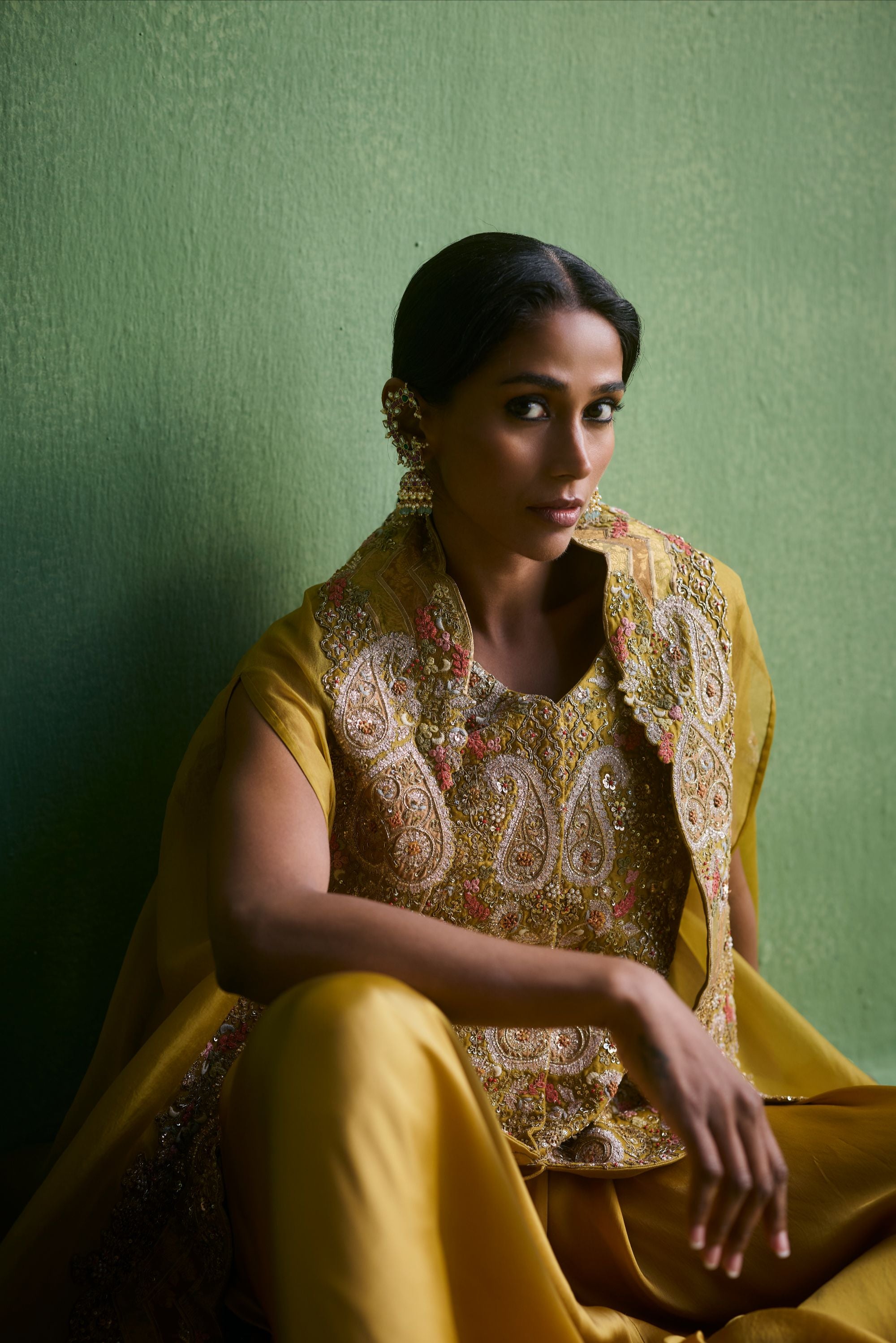 Mehndi Green Chanderi Satin Set