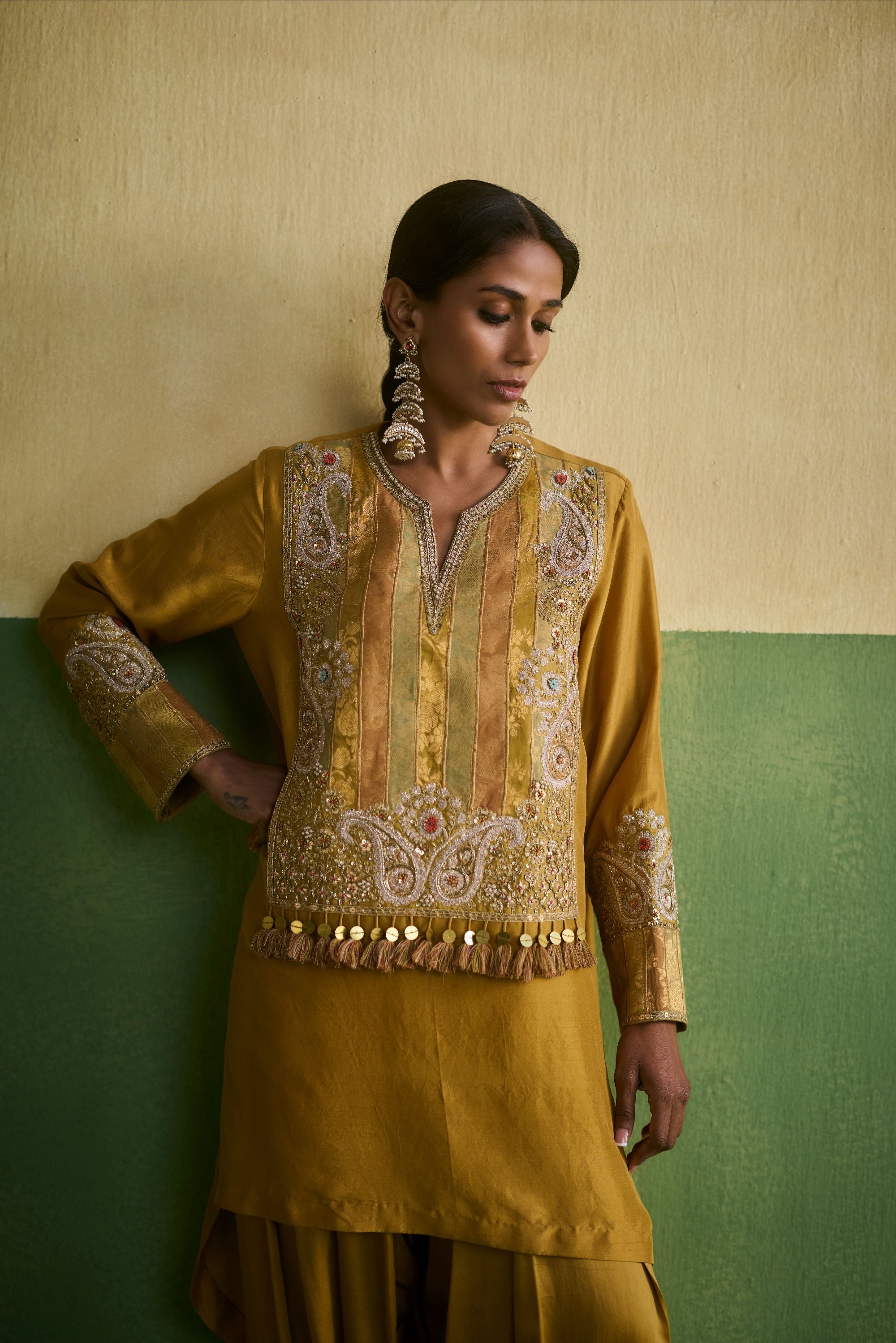 Mehndi Green Dupione Satin Kurta Set