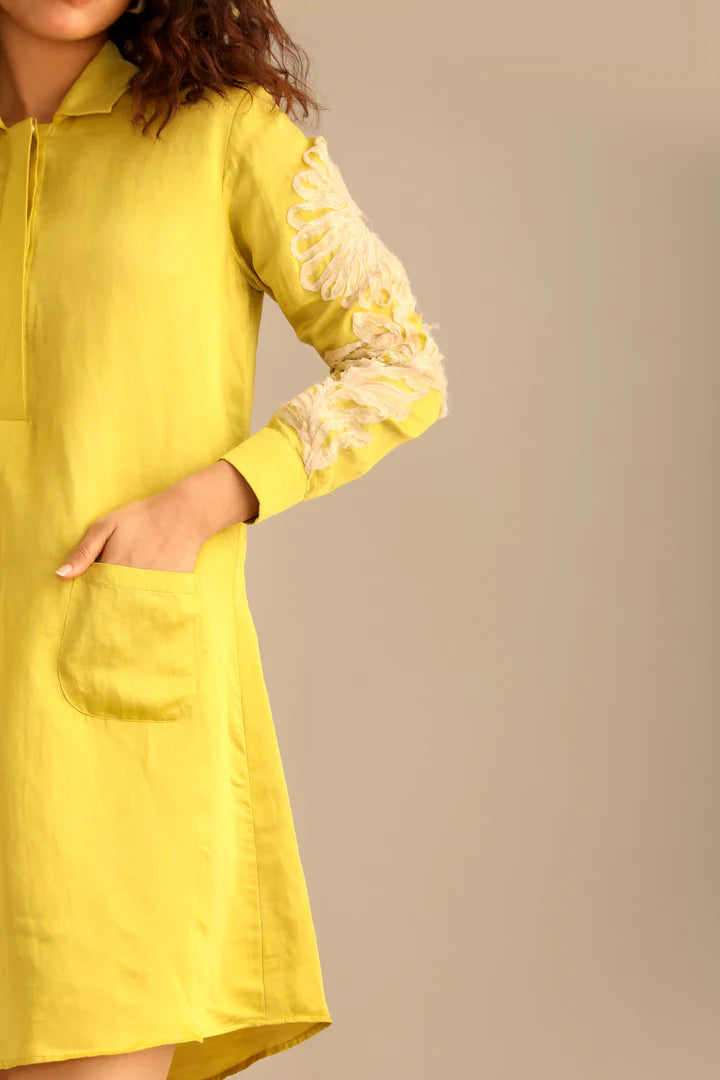 A LIME LINEN SATIN FULL SLEEVES KNEE LENGTH DRESS