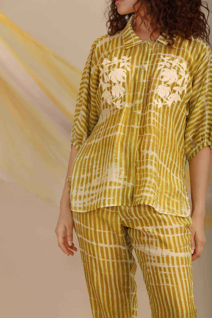 Moss Green Cotton Silk Striped Co-Ord Set