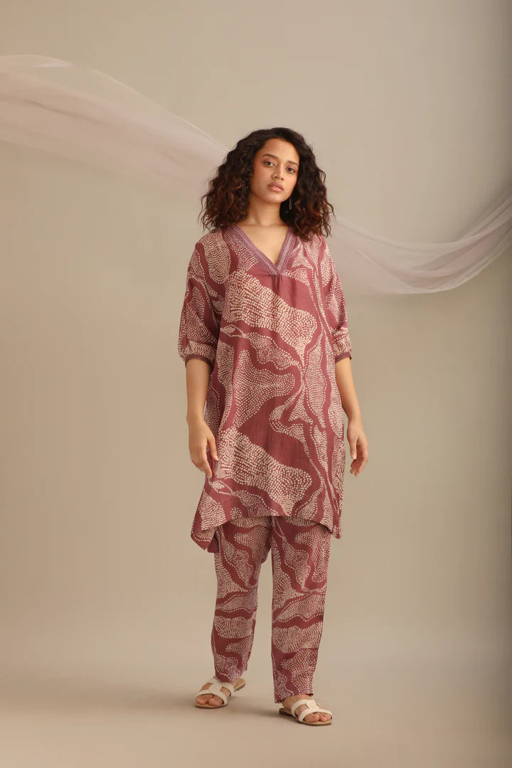 Lavender Cotton Silk Printed Landscape Kaftan Set