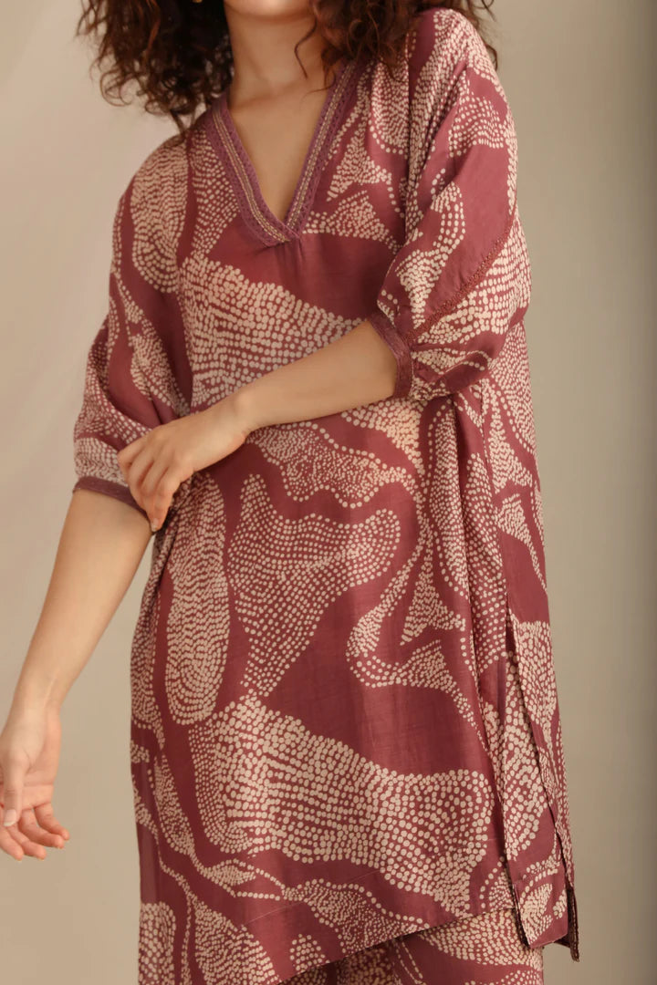 Lavender Cotton Silk Printed Landscape Kaftan Set
