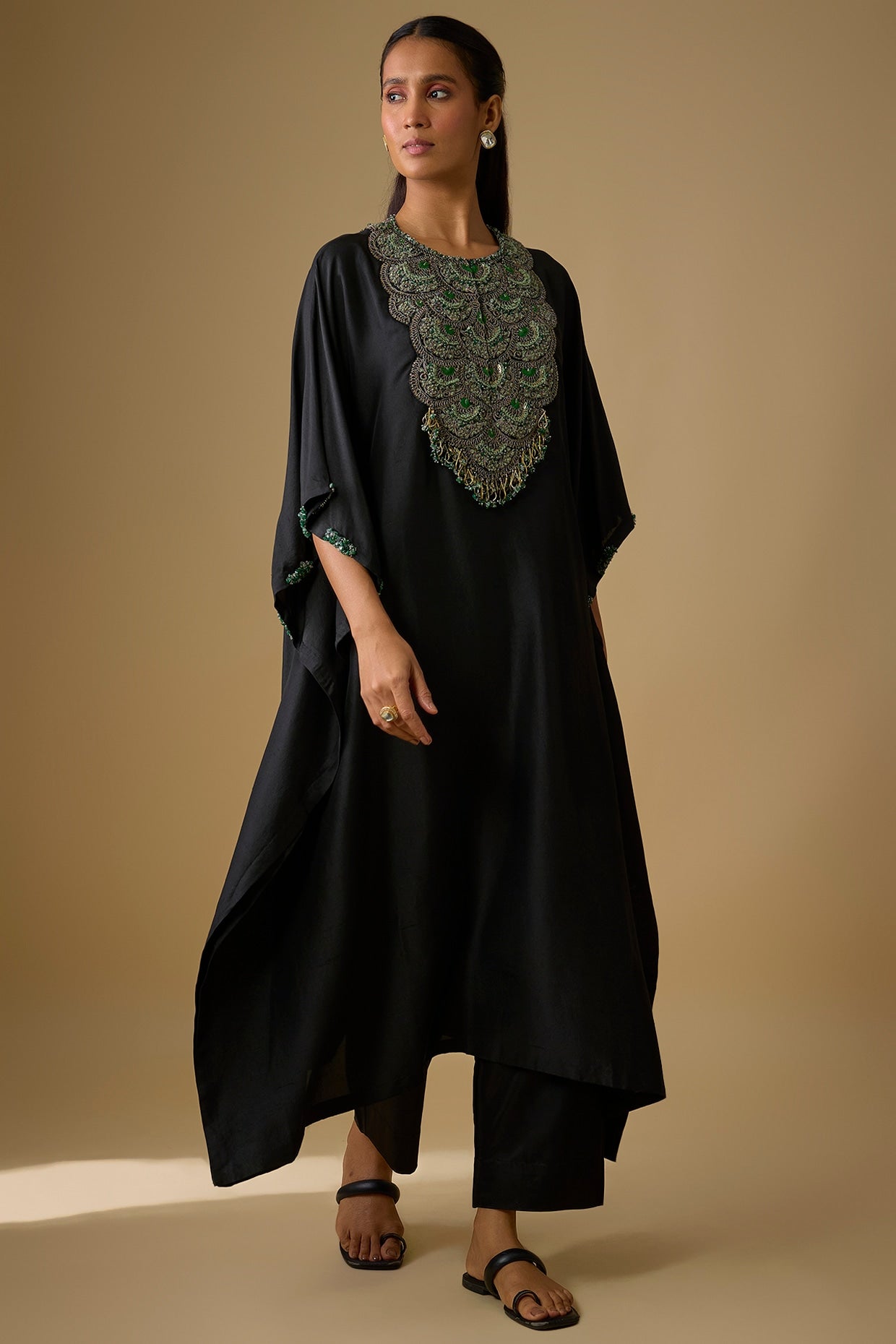 Black Silk Thread Work Kaftan Set by Prisho at Pernia's Pop Up Shop 2025