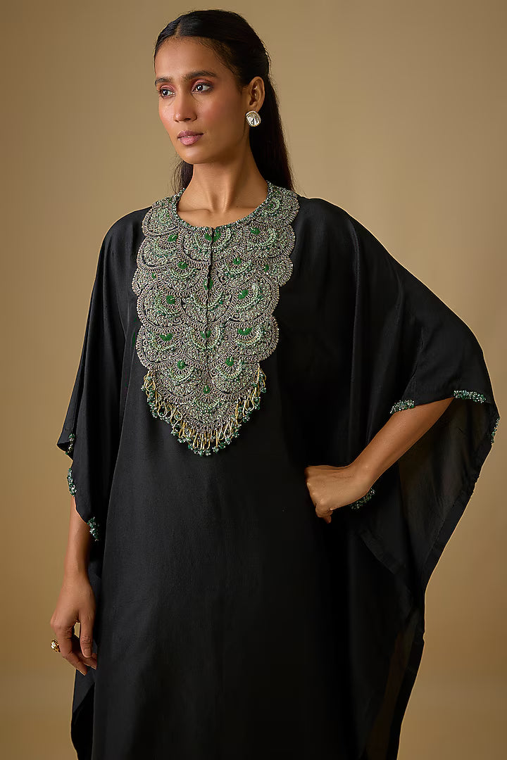 Black Silk Thread Work Kaftan Set