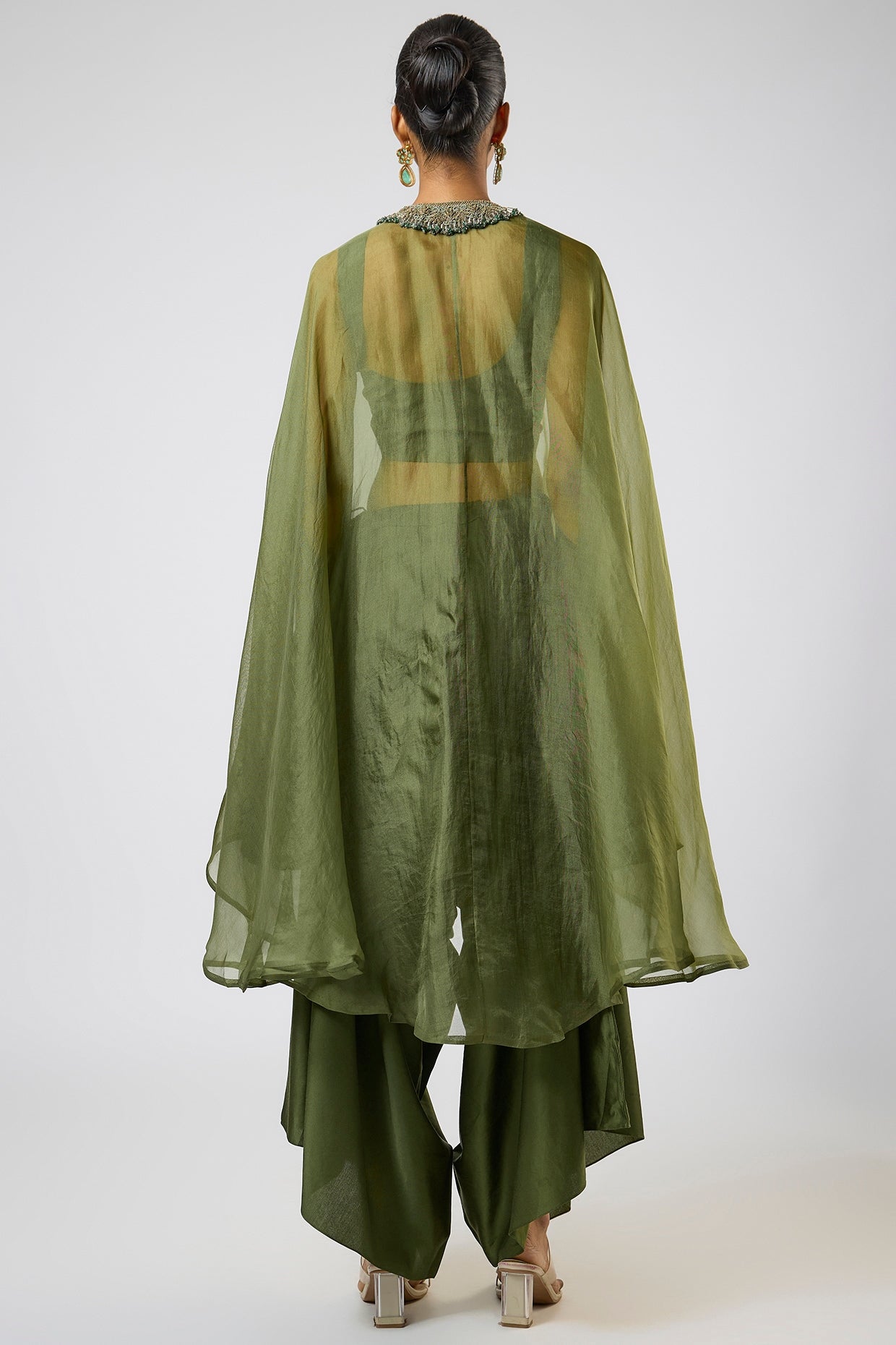 Hunter Green Organza Dori Embroidered Kaftan Set