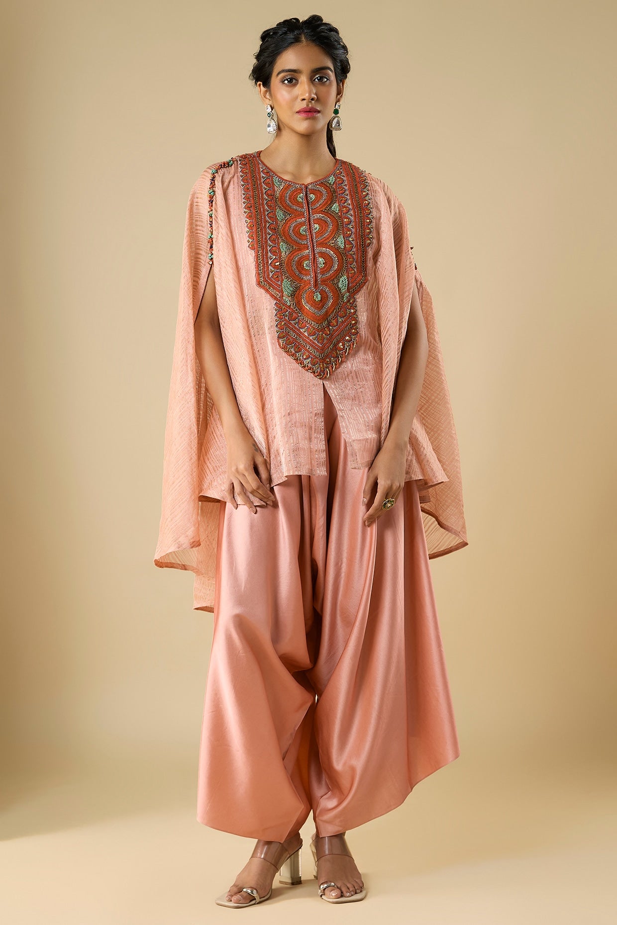 Dark Flamingo Pink Tissue Thread Work Kaftan Set