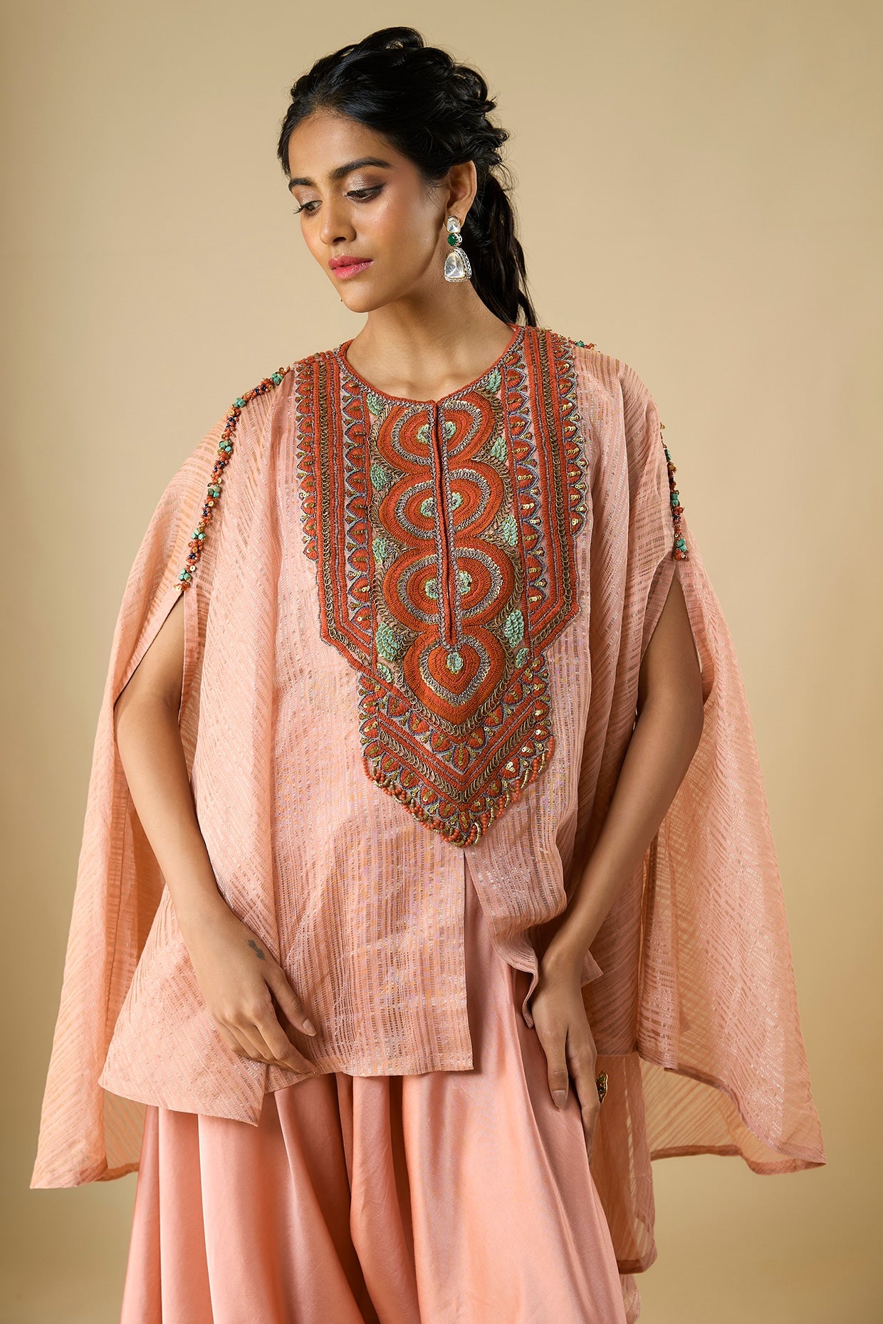 Dark Flamingo Pink Tissue Thread Work Kaftan Set