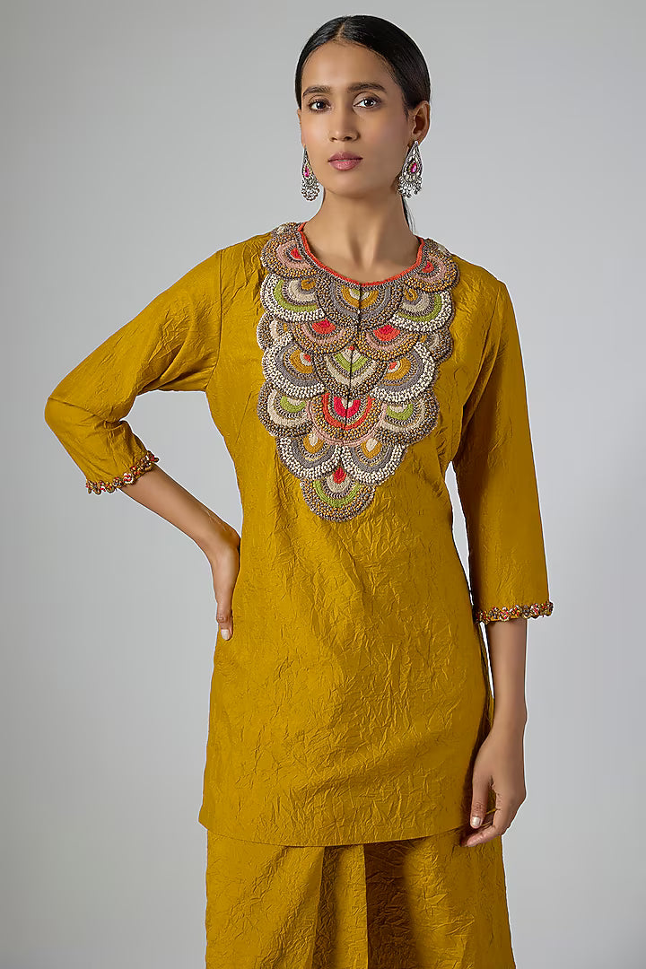 Mustard Crushed Silk Thread Embroidered Kurta Set