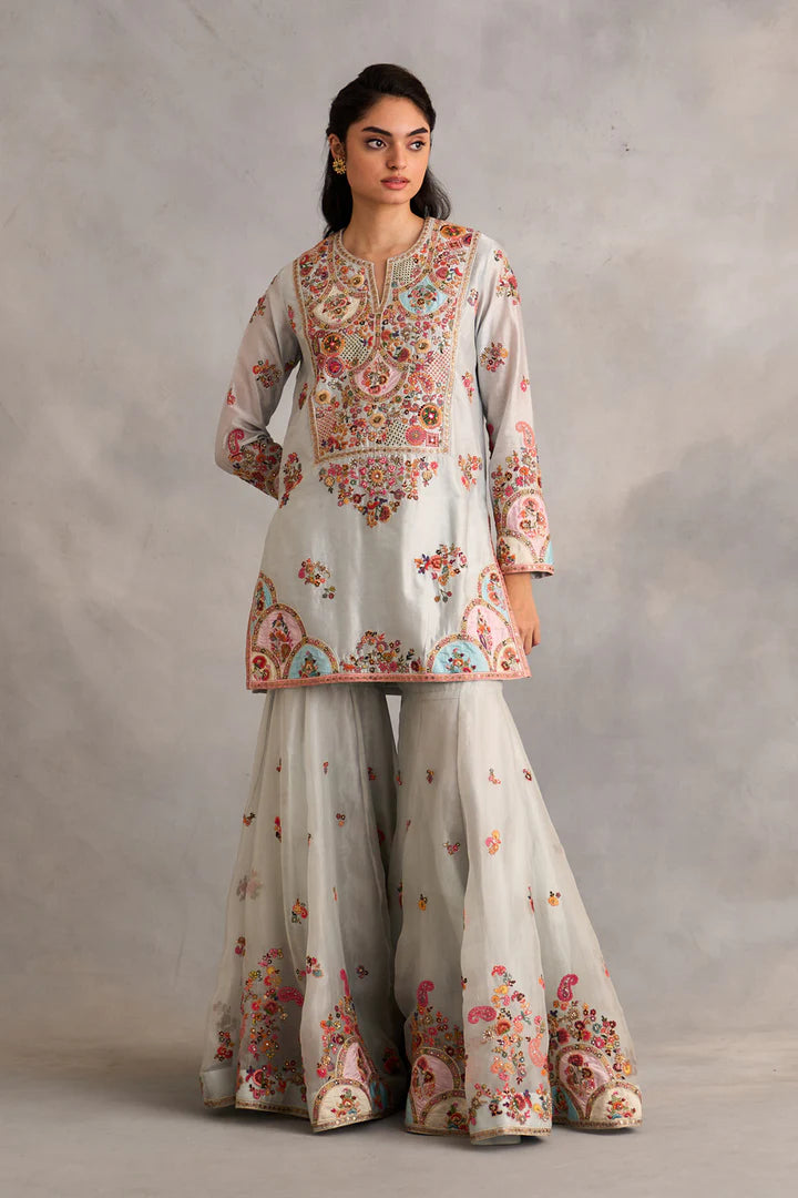 Powder Blue Short Kurti With Sharara And Dupatta