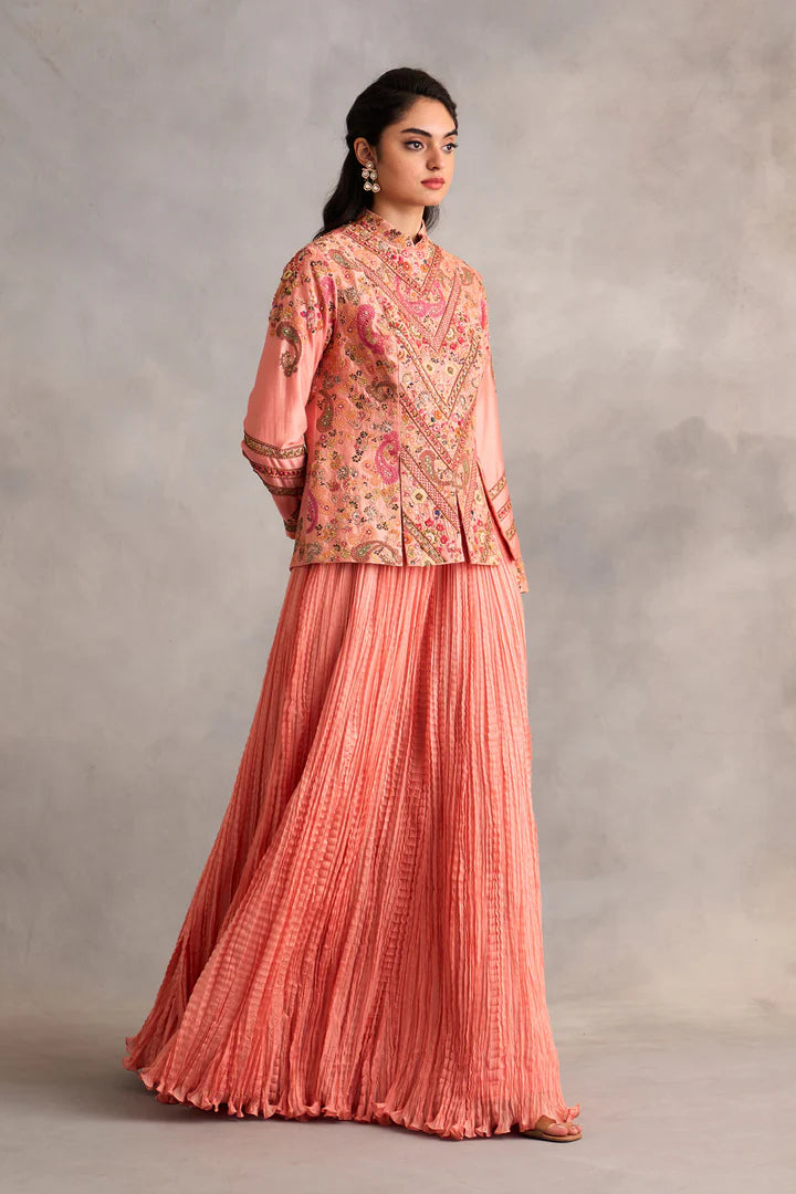 Salmon Pink Short Jacket With Crushed Skirt