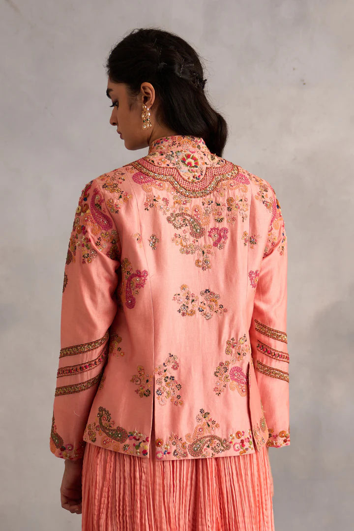 Salmon Pink Short Jacket With Crushed Skirt