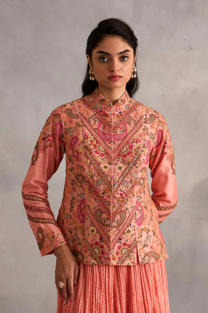 Salmon Pink Short Jacket With Crushed Skirt