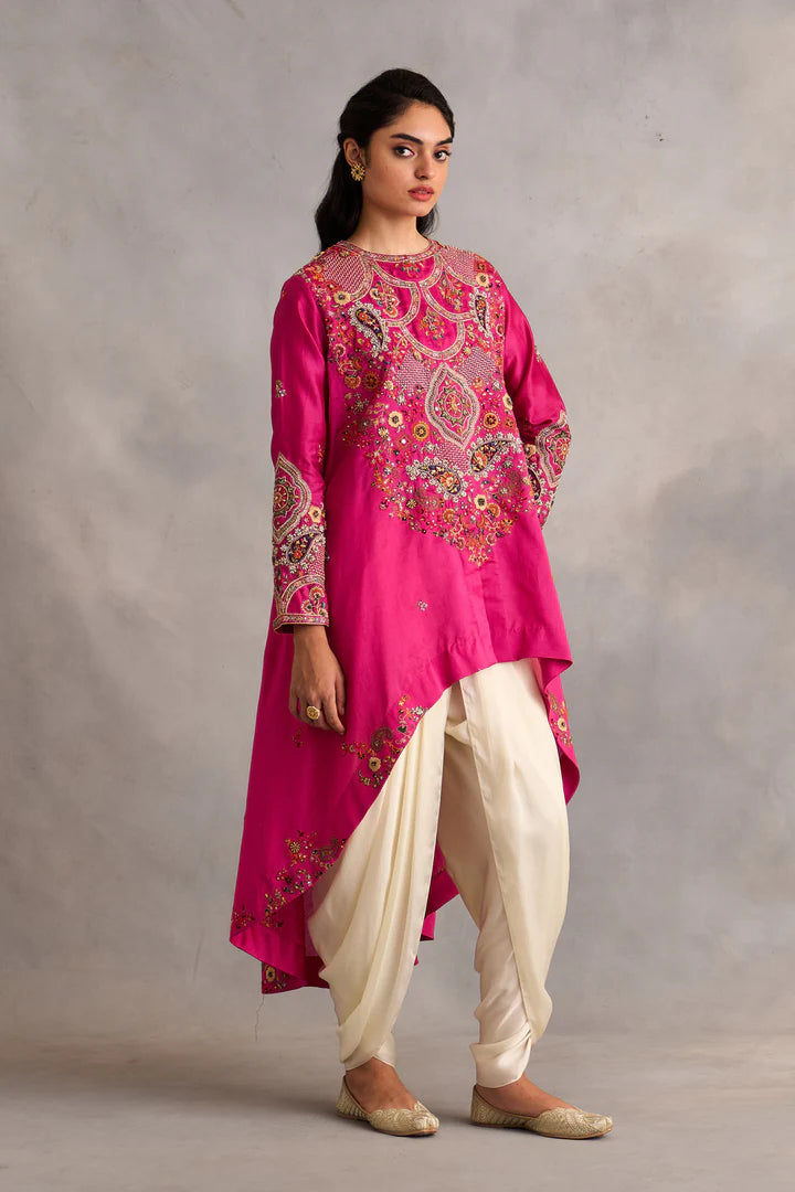 Fuchsia Pink High Low Jacket With Dhoti