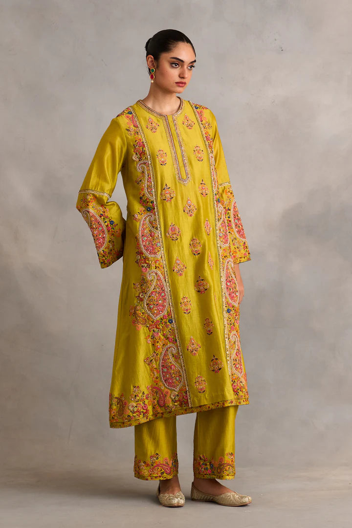 Yellow Aline Kurta With Pants And Dupatta