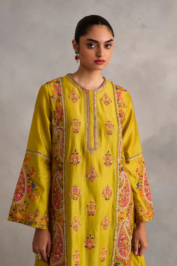 Yellow Aline Kurta With Pants And Dupatta