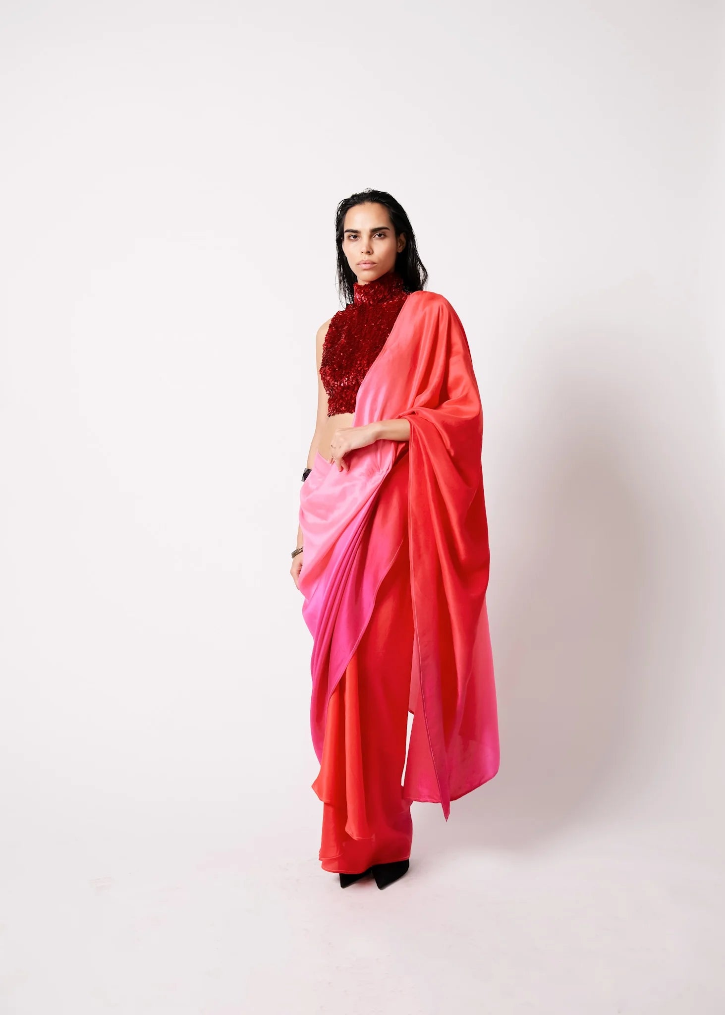 Tasha Top with Pink Red Ombré Masai Godet Saree