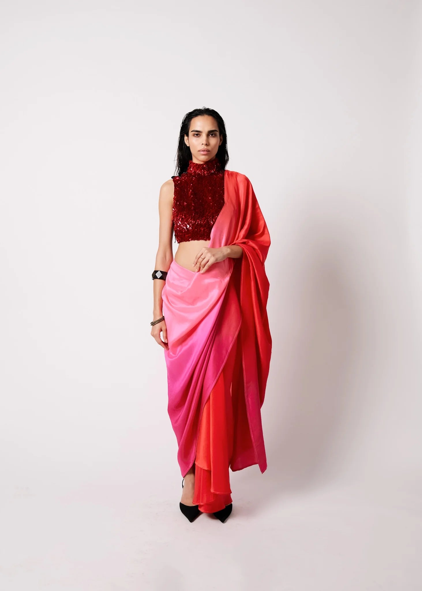 Tasha Top with Pink Red Ombré Masai Godet Saree