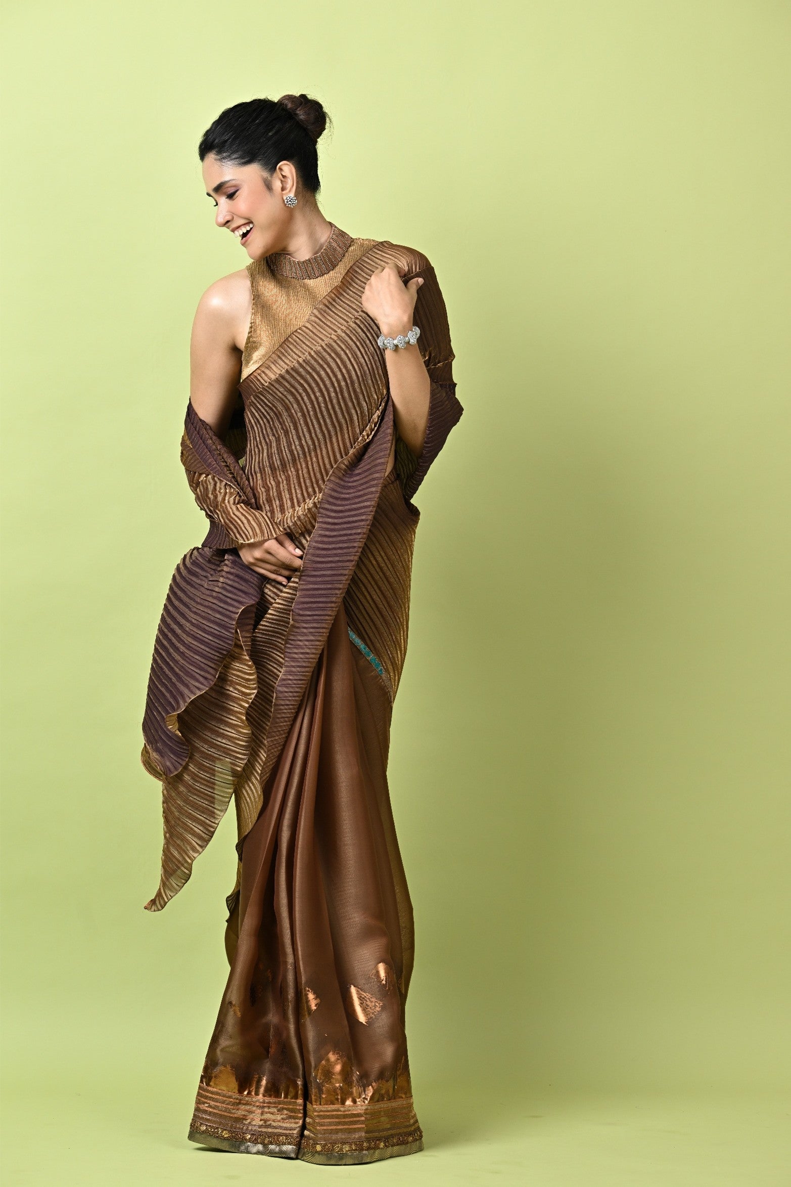 Antique gold box pleated saree with embroidery choli choli piece