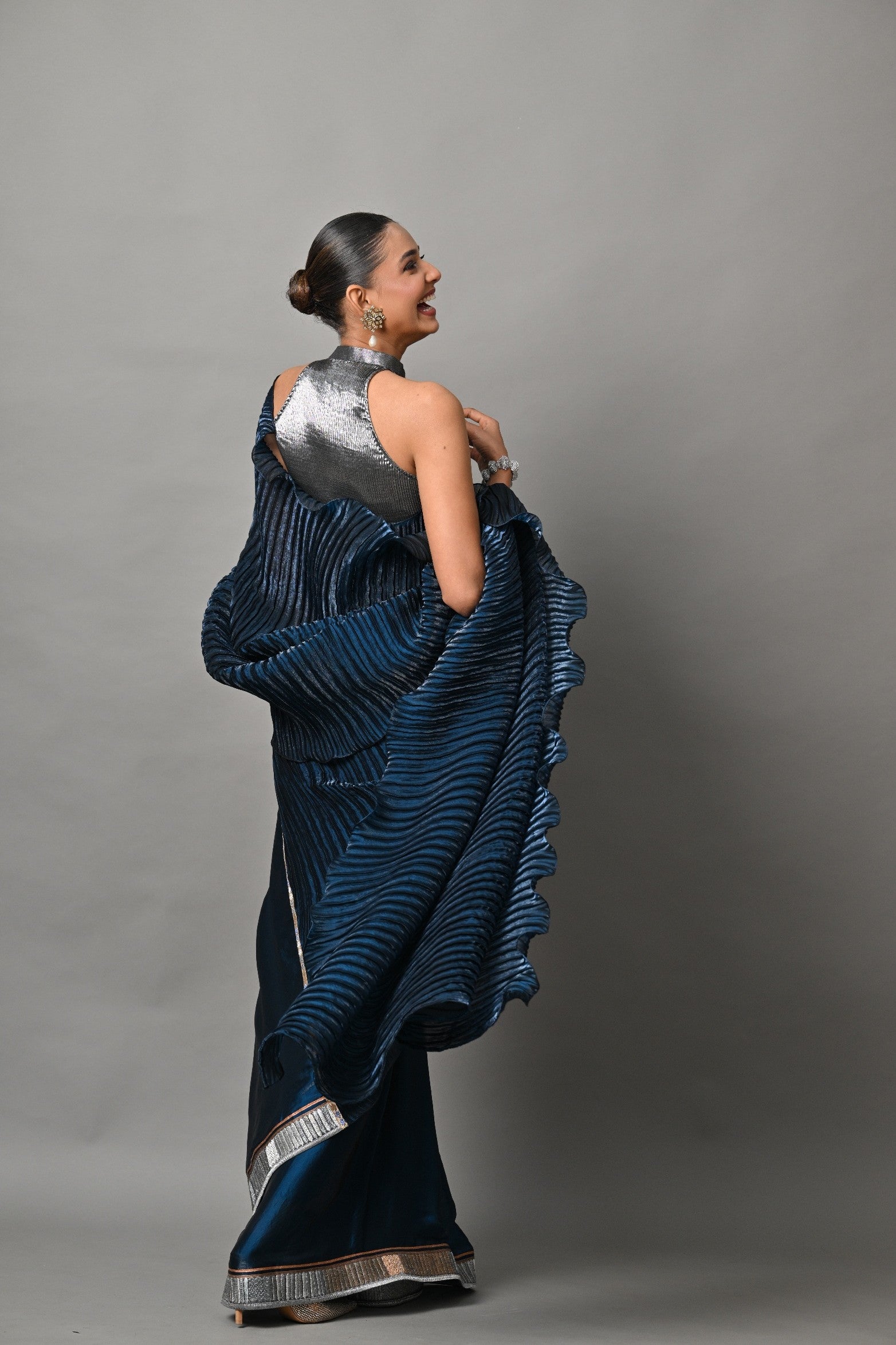 Rich navy box pleated saree with embroidery and choli piece