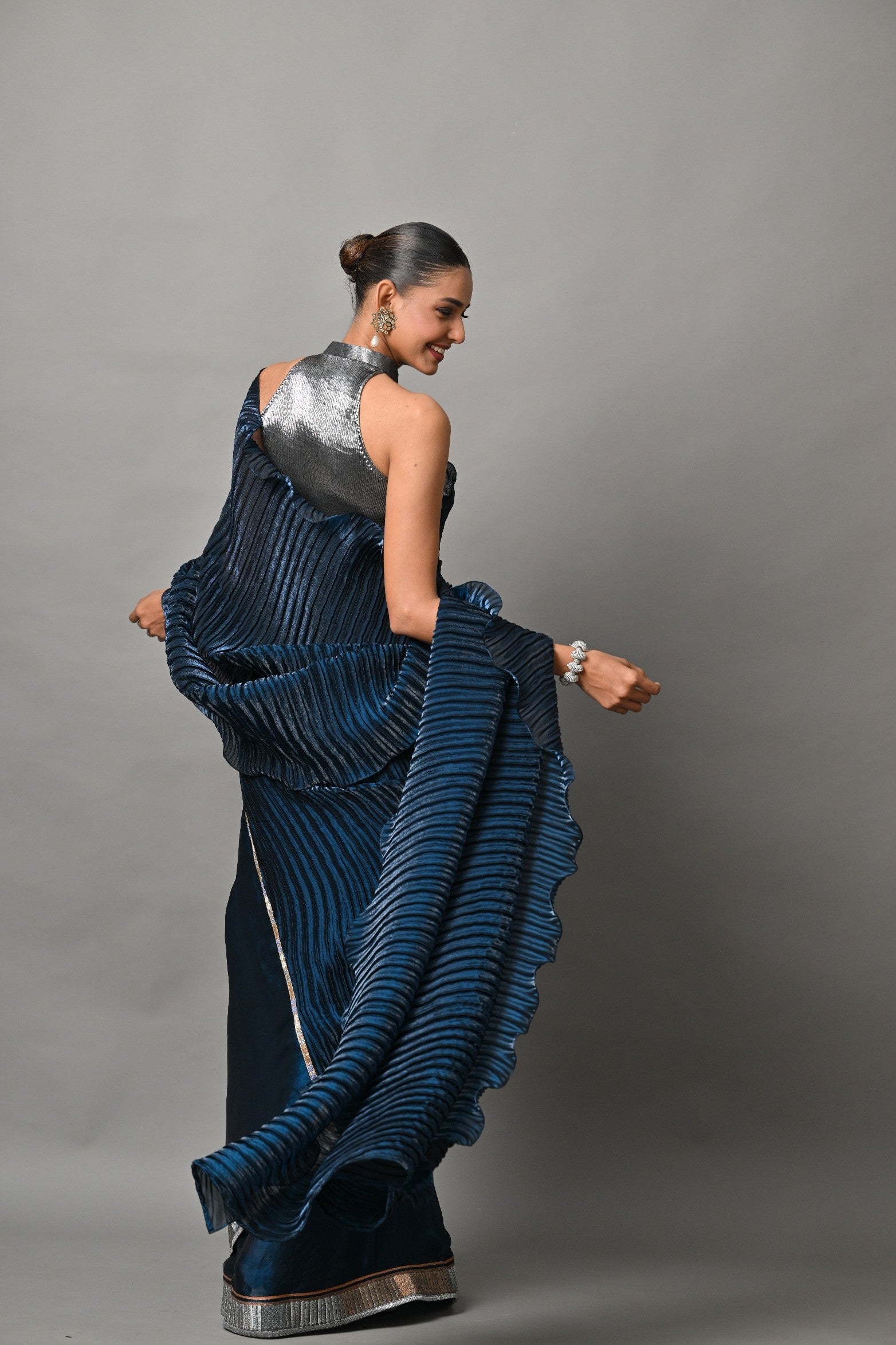 Rich navy box pleated saree with embroidery and choli piece