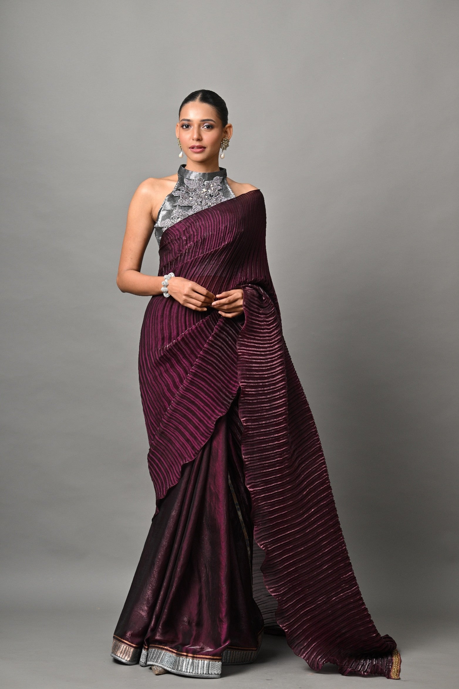 Blackberry box pleated saree with embroidery and choli piece