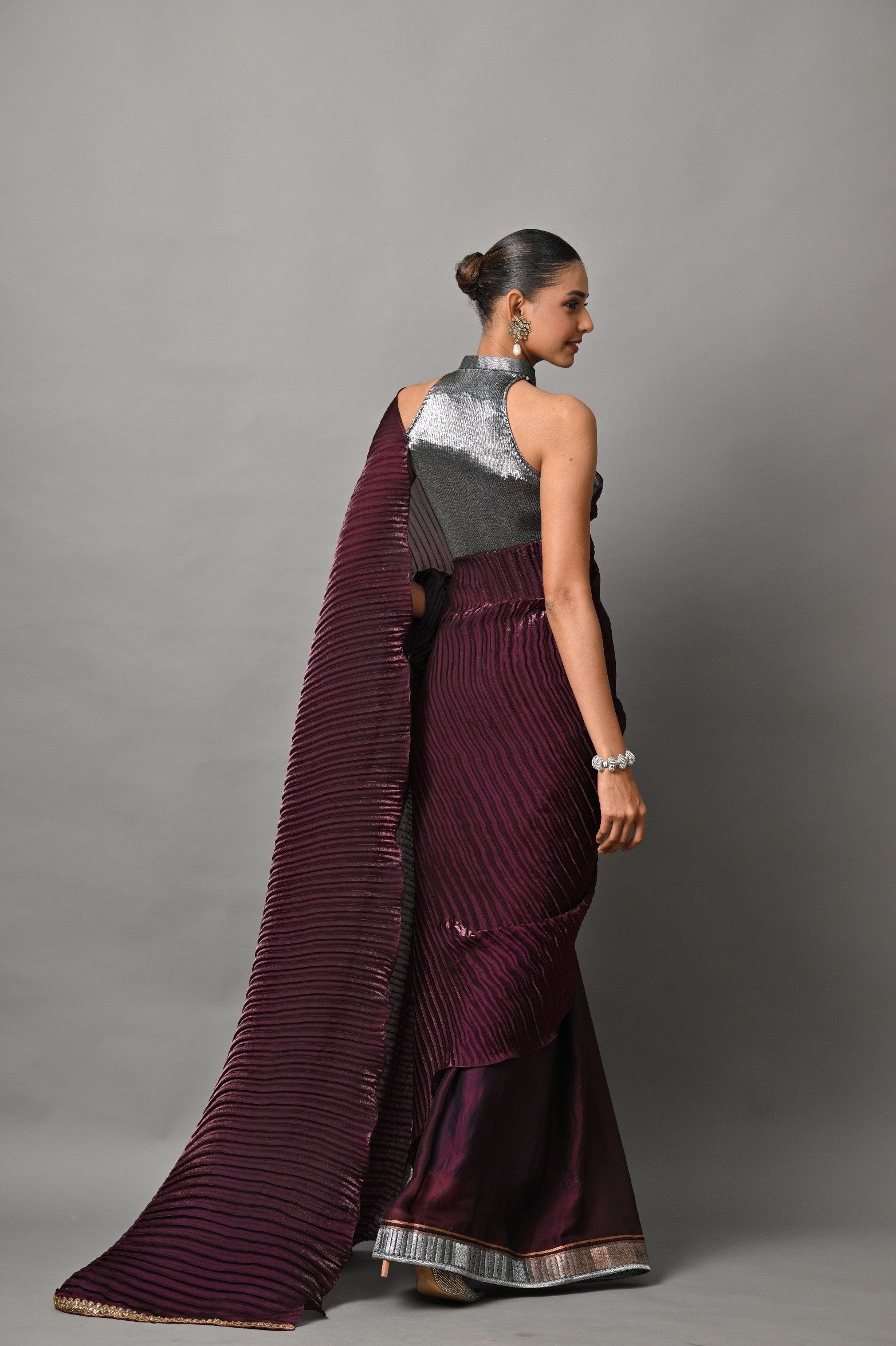 Blackberry box pleated saree with embroidery and choli piece