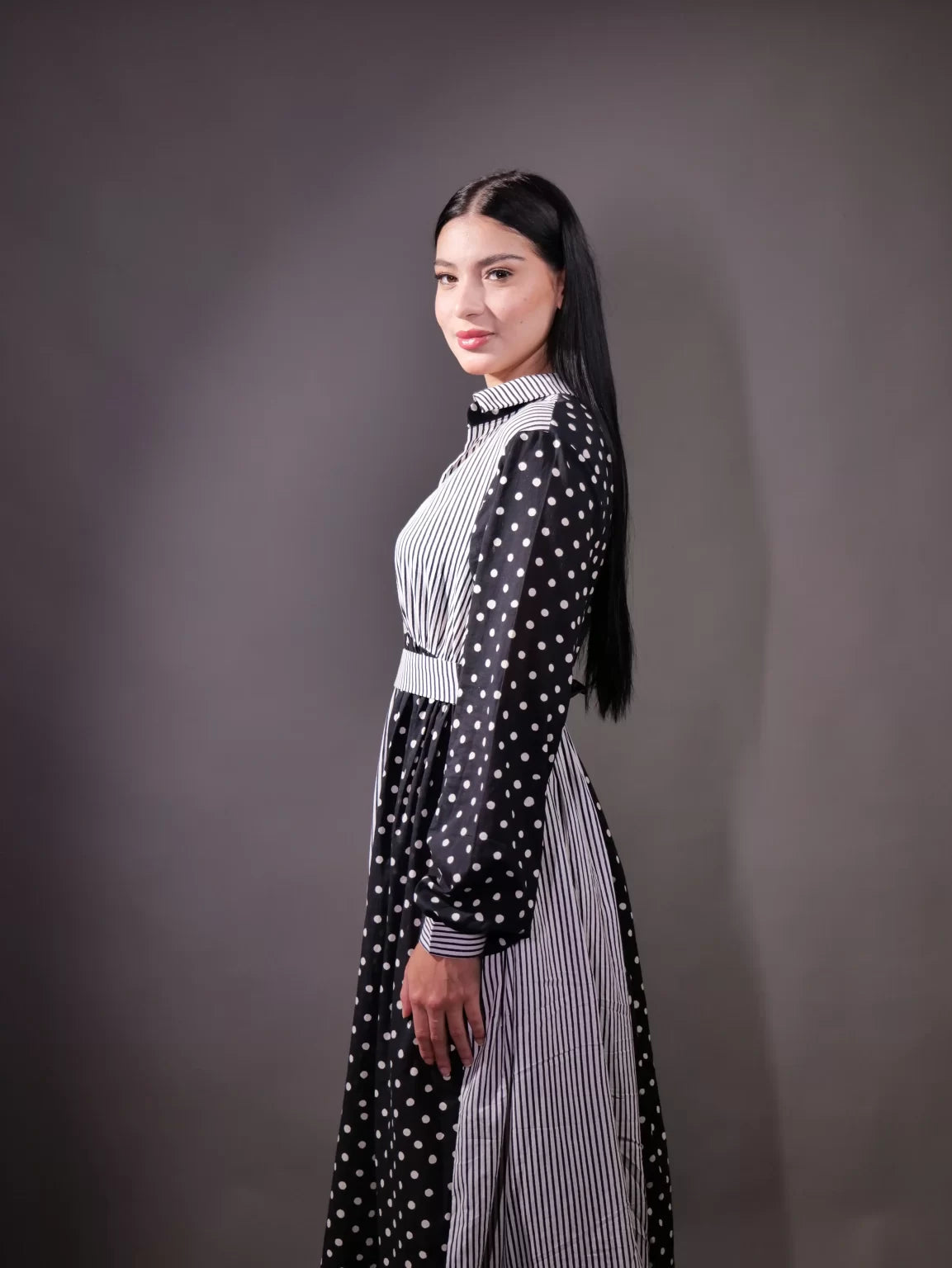 Block printed Polka and Stripe Cut and Sew Detail Dress