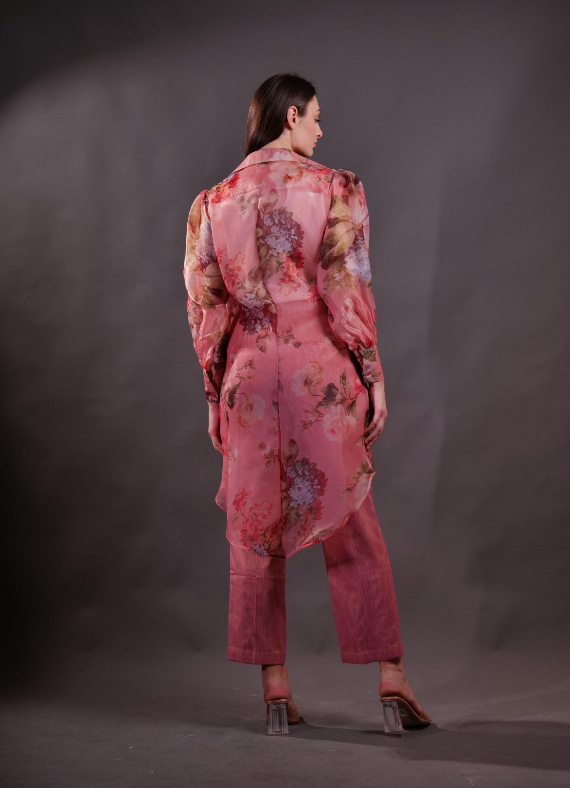 Printed Organza Overshirt layered over Solid Top and Trousers