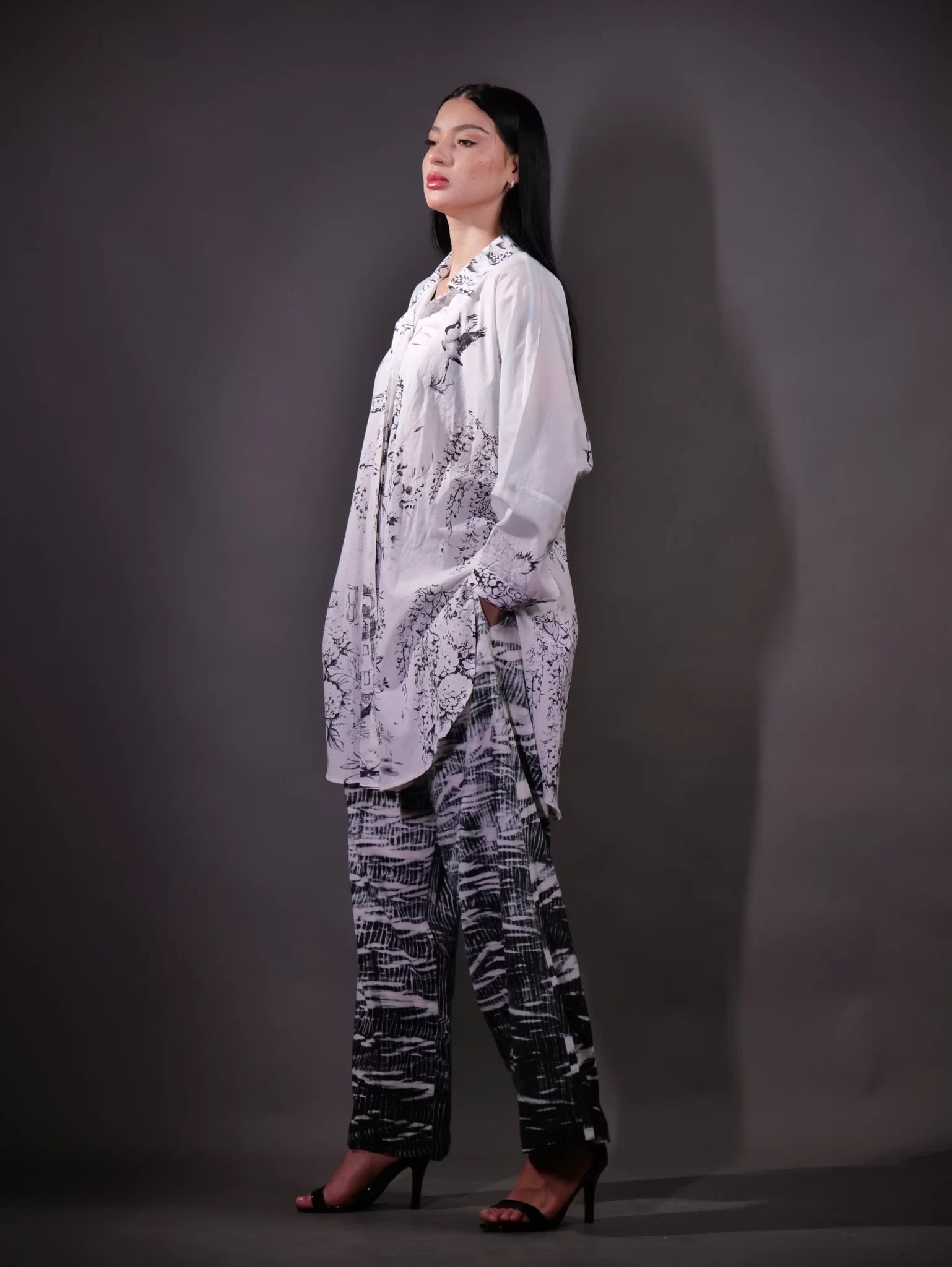 Printed 100% Organic Cotton Shirt and Shades Of Dark Grey and Black Shibori Tie and Dye Detail Trouser