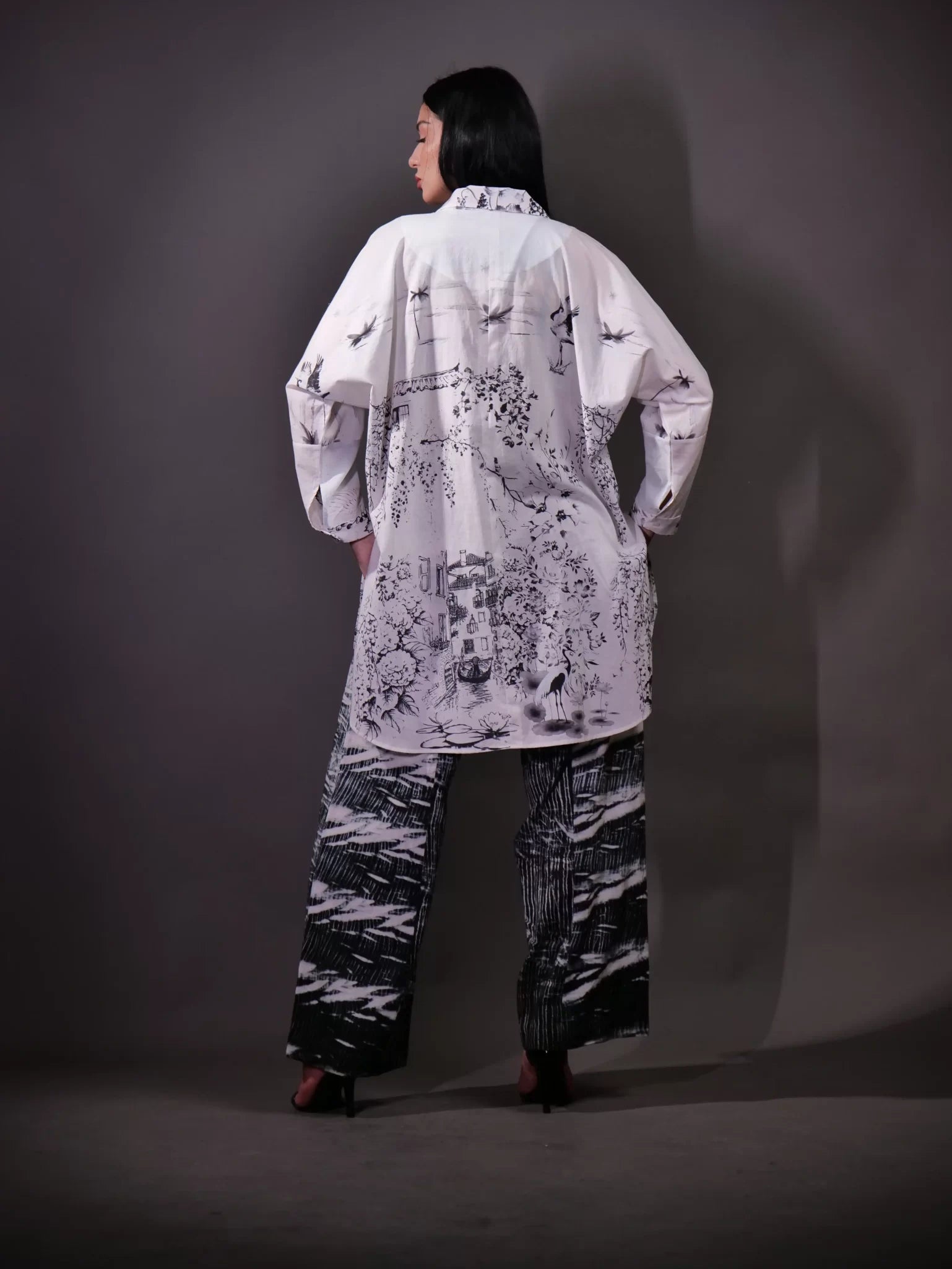 Printed 100% Organic Cotton Shirt and Shades Of Dark Grey and Black Shibori Tie and Dye Detail Trouser