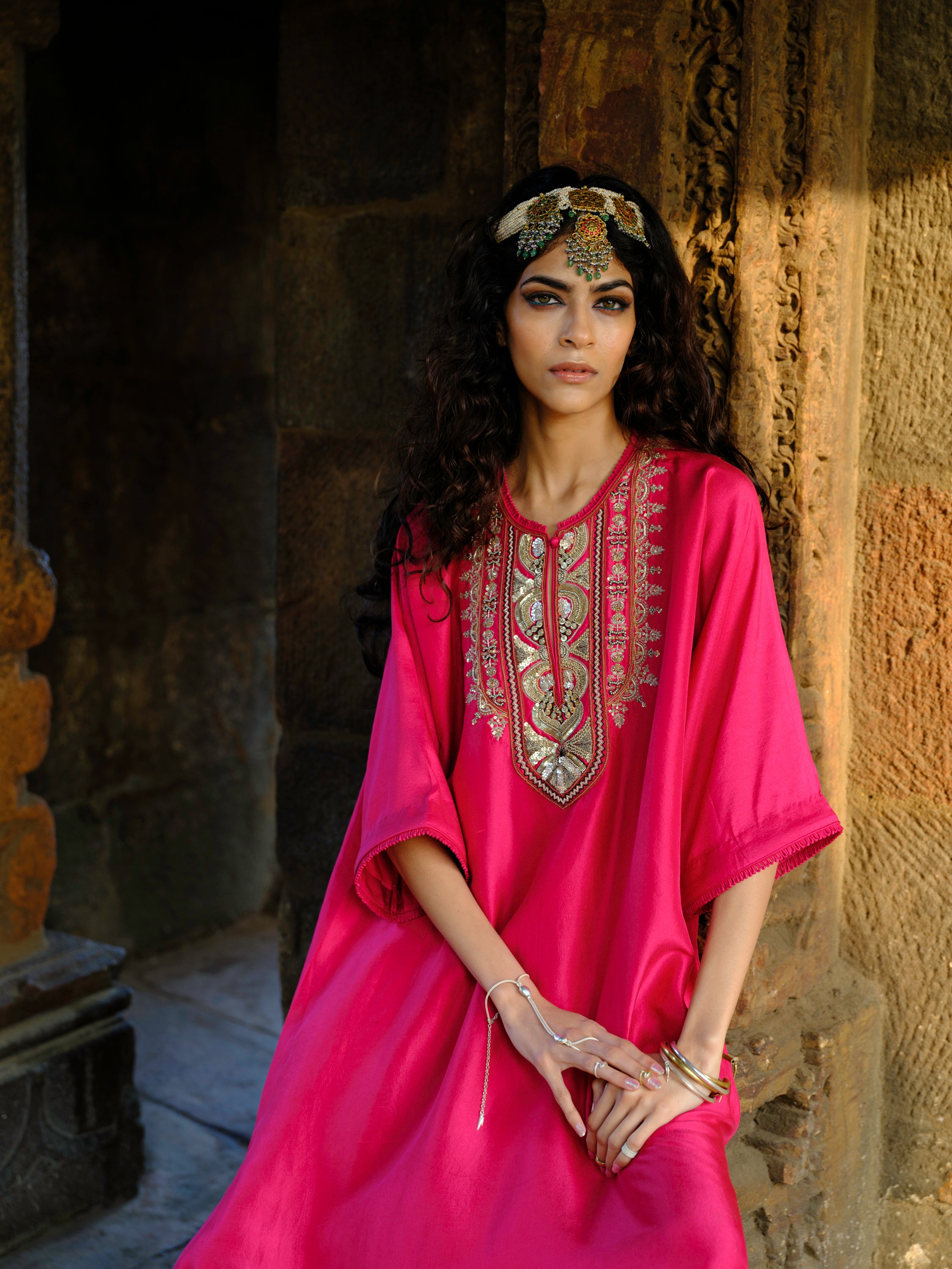 Featuring a kaftan in silk base with zardosi embroidery.