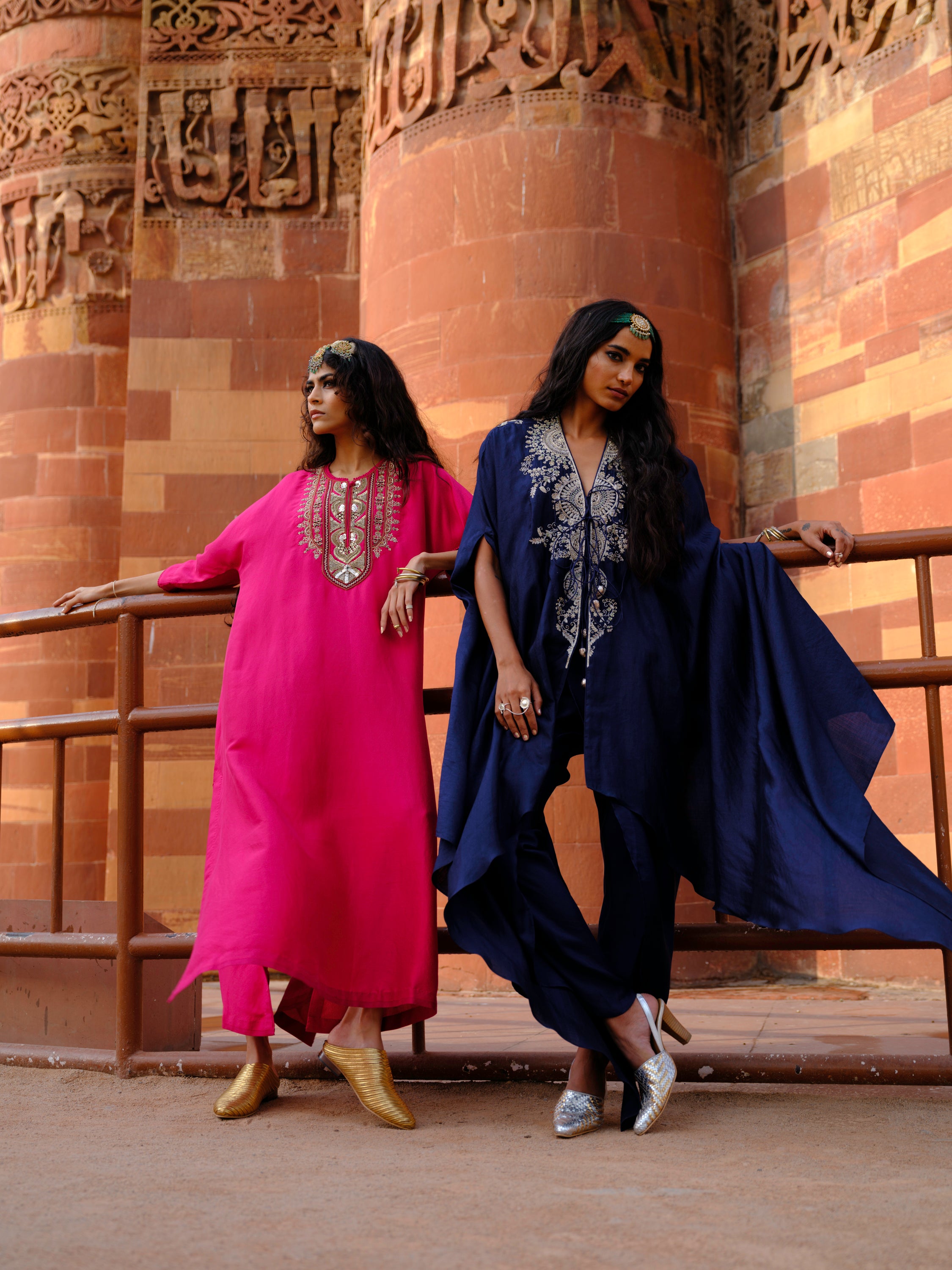 Featuring a cape in silk base with  zardosi embroidery
