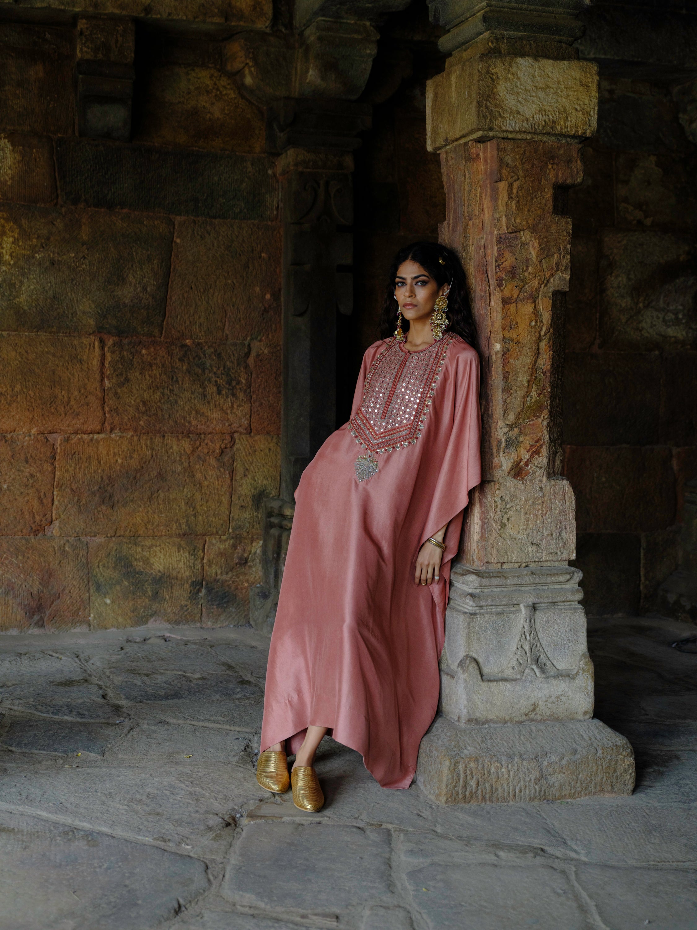 Featuring a kaftan in silk base with zardosi embroidery