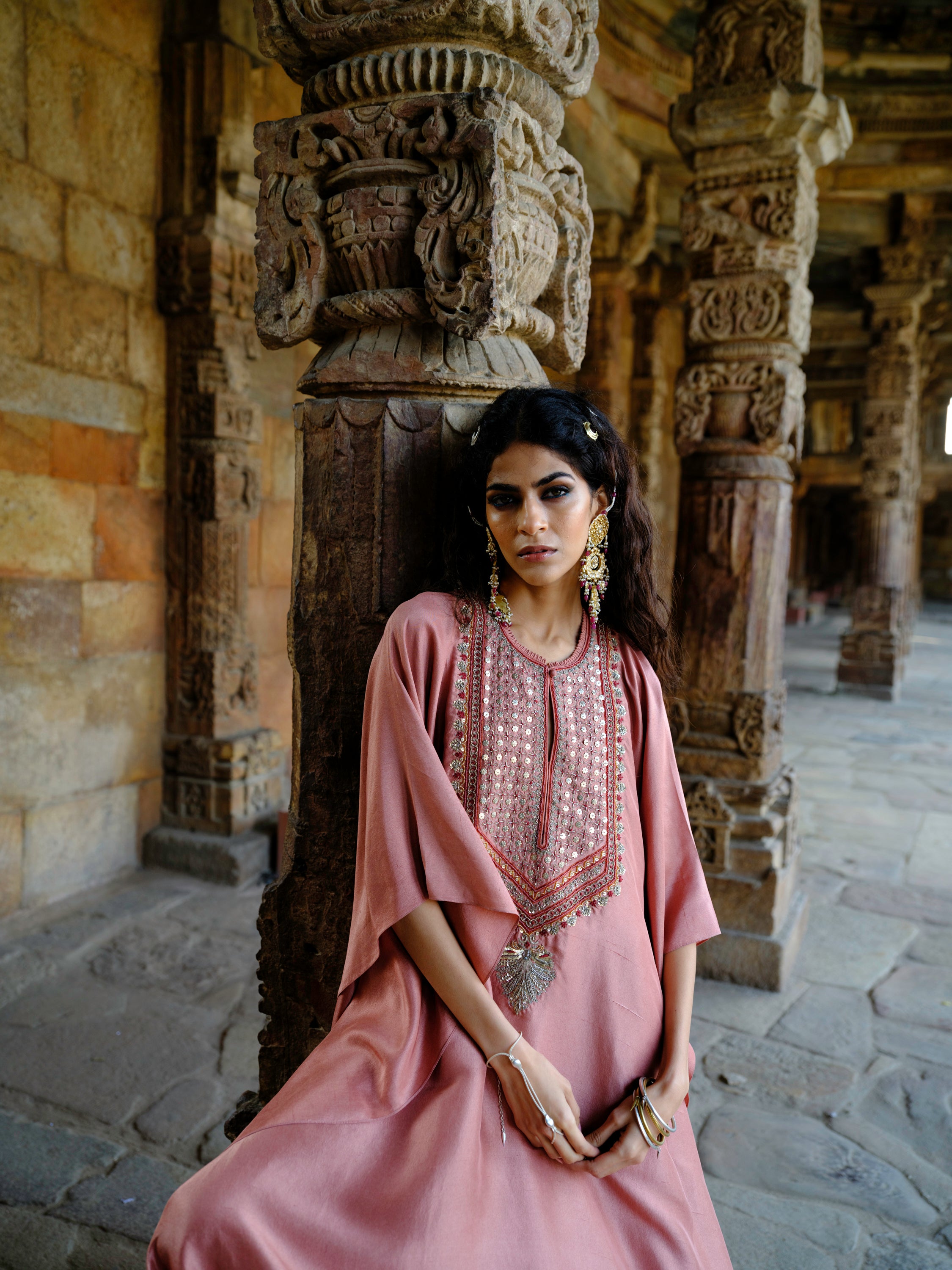 Featuring a kaftan in silk base with zardosi embroidery