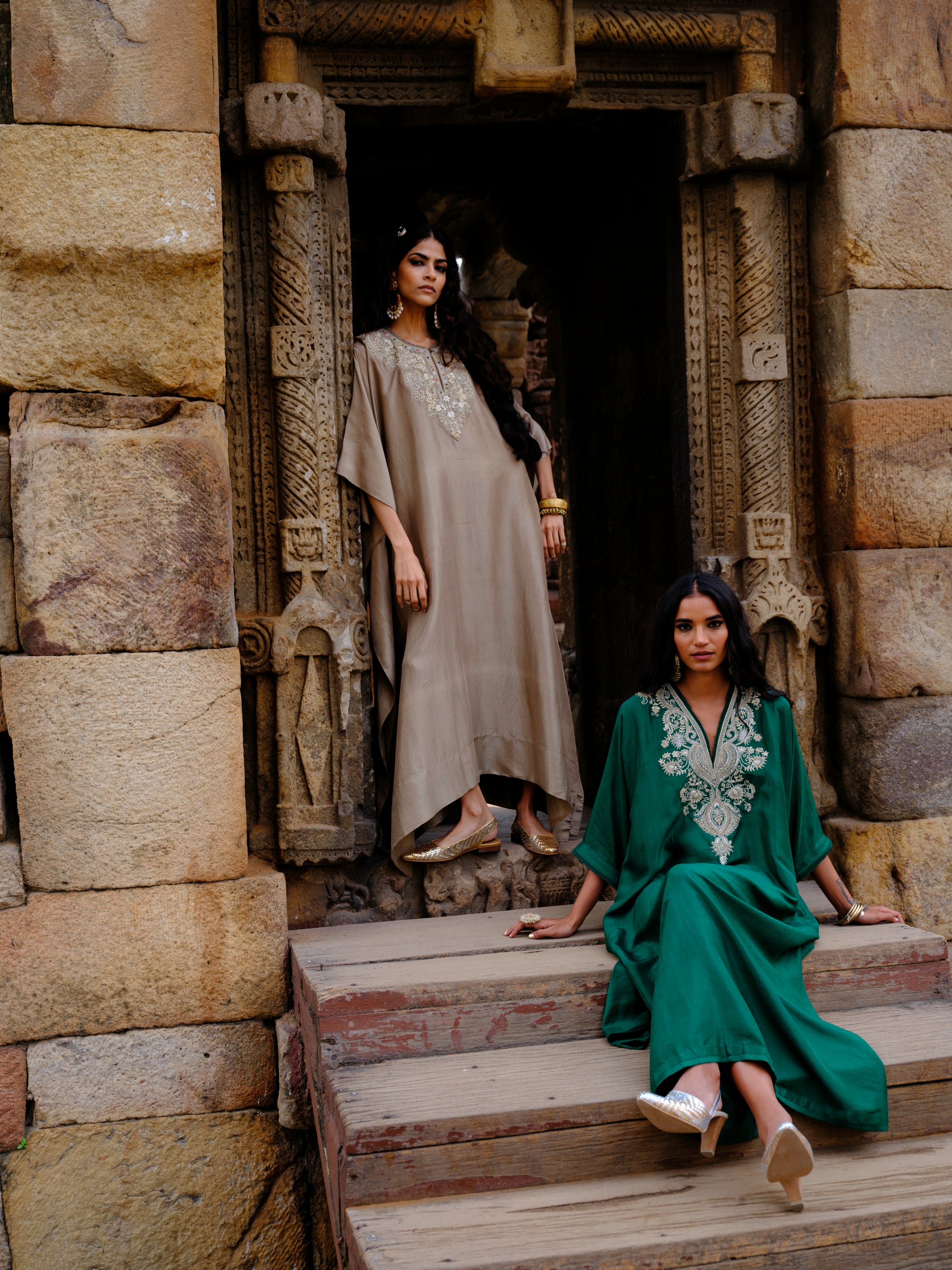 Featuring a kaftan in silk base with zardosi embroidery.