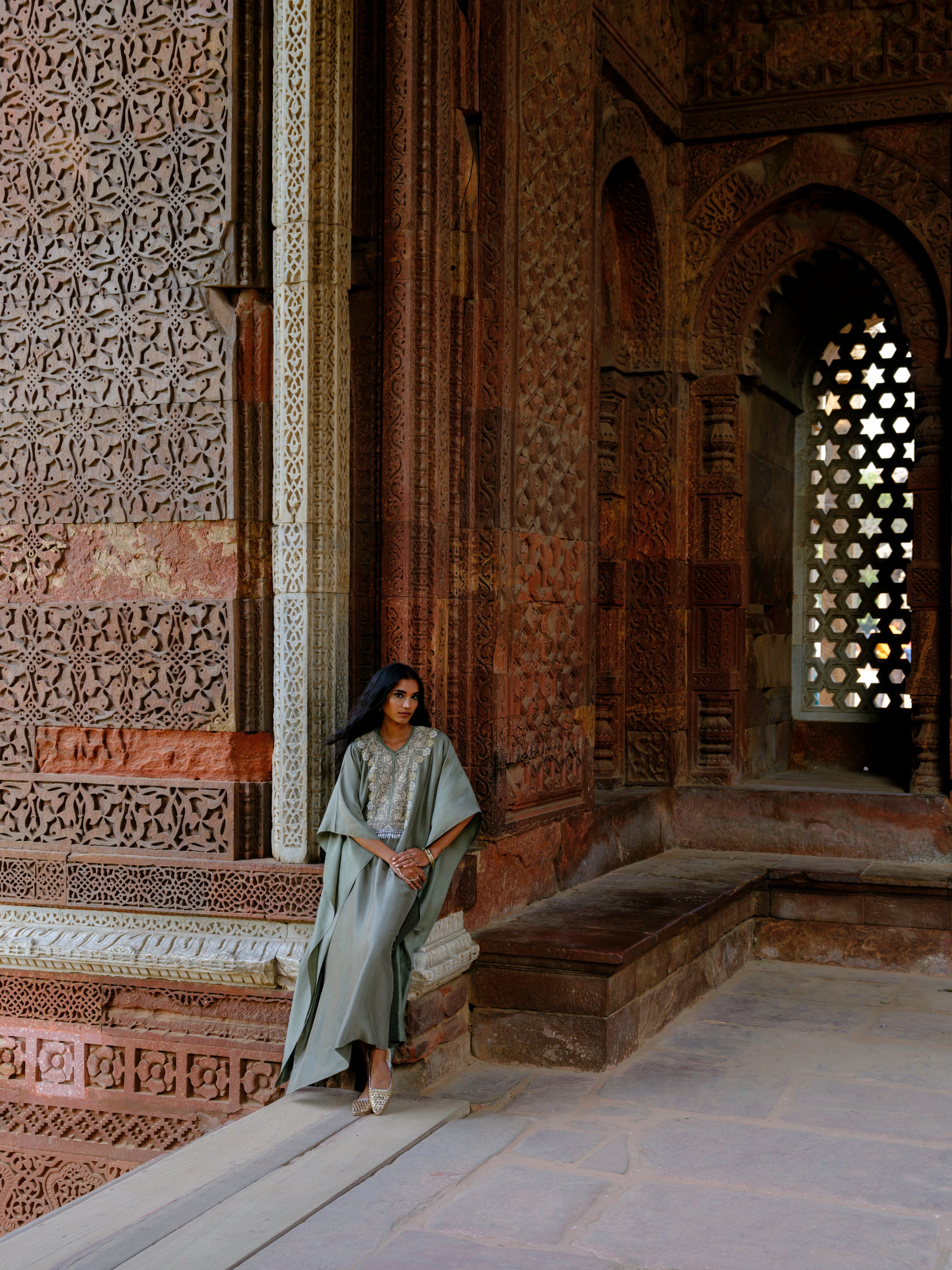 Featuring a kaftan in silk base with zardosi embroidery.