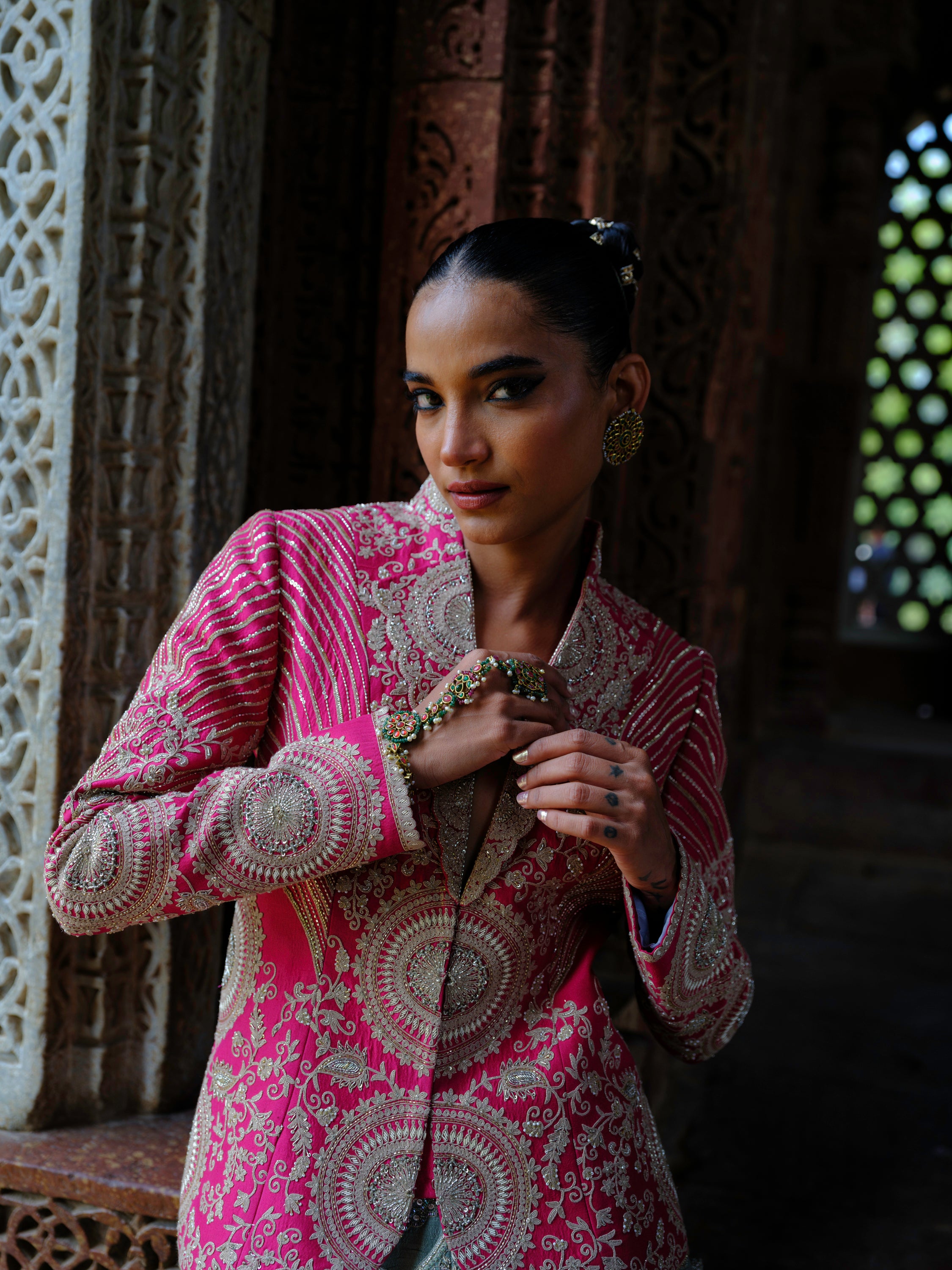 Featuring a jacket in silk base with  zardosi embroidery.