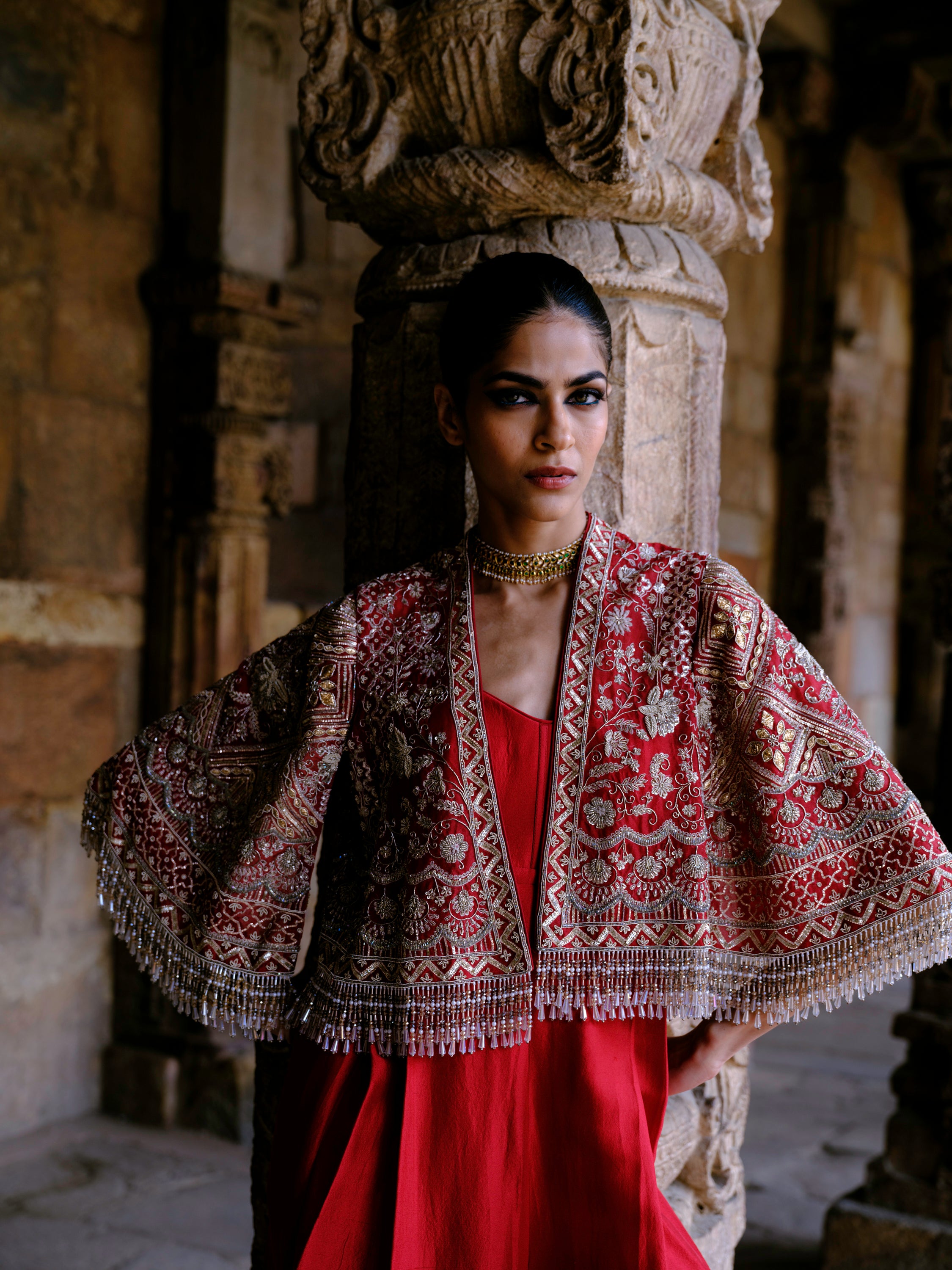 Featuring a plain jumpsuit in silk base.