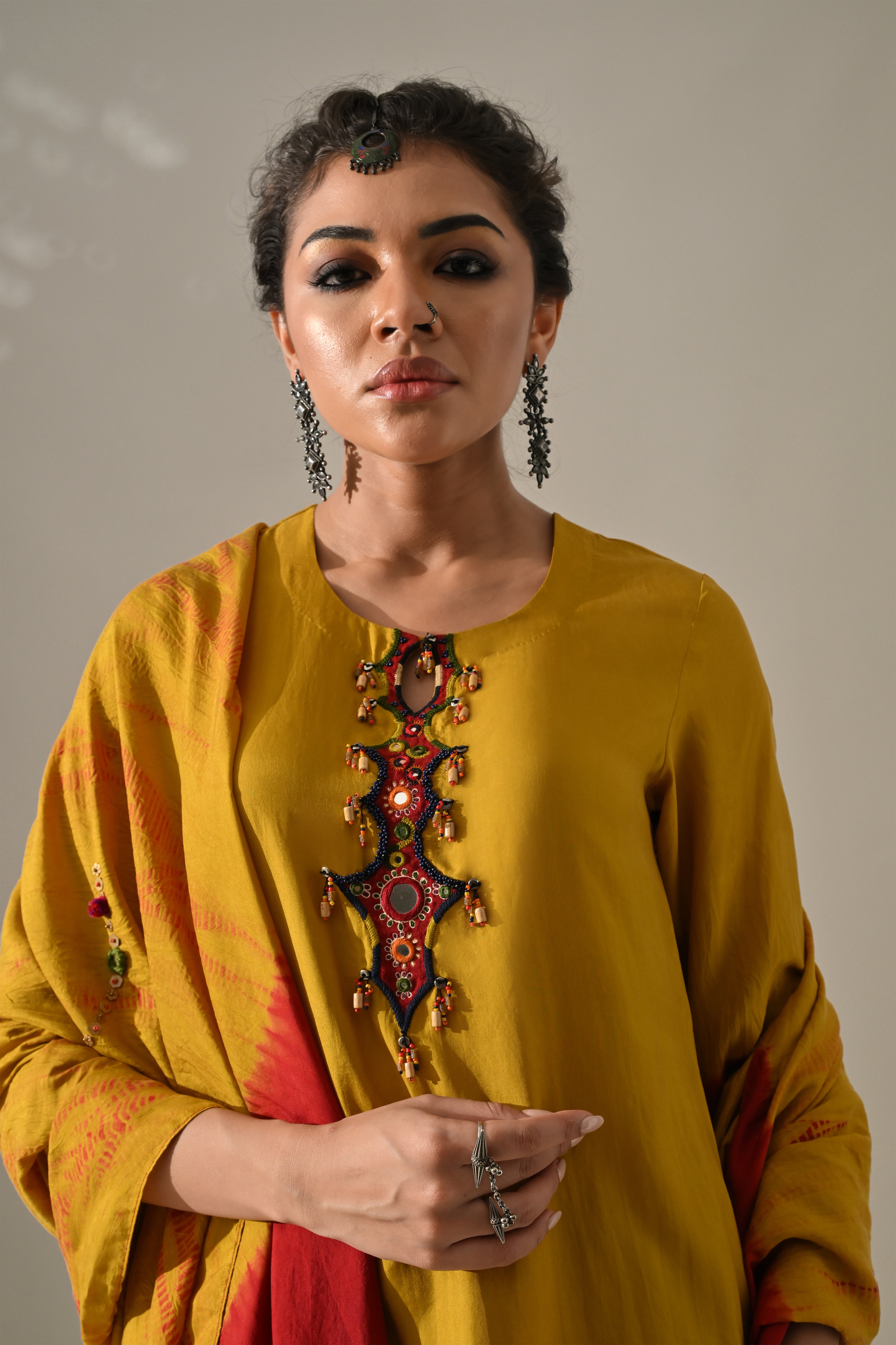 Yellow Orange Placement Tie Dye Kurta Set