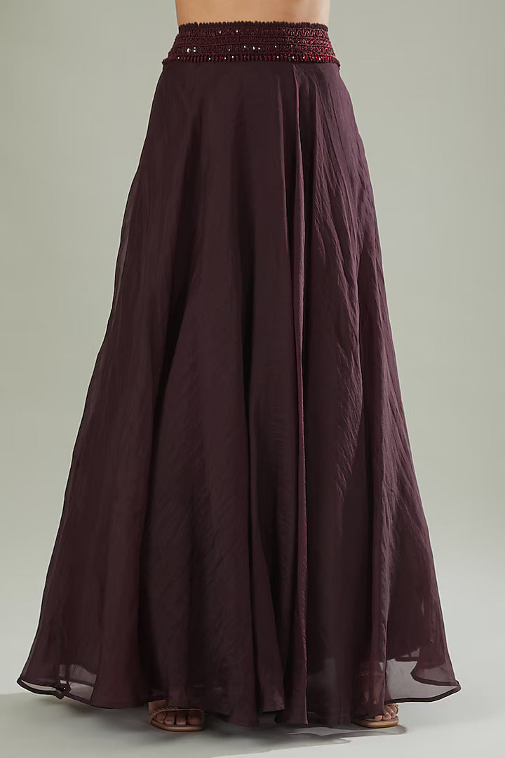 Maroon Organza & Georgette Embellished Jacket Lehenga Set