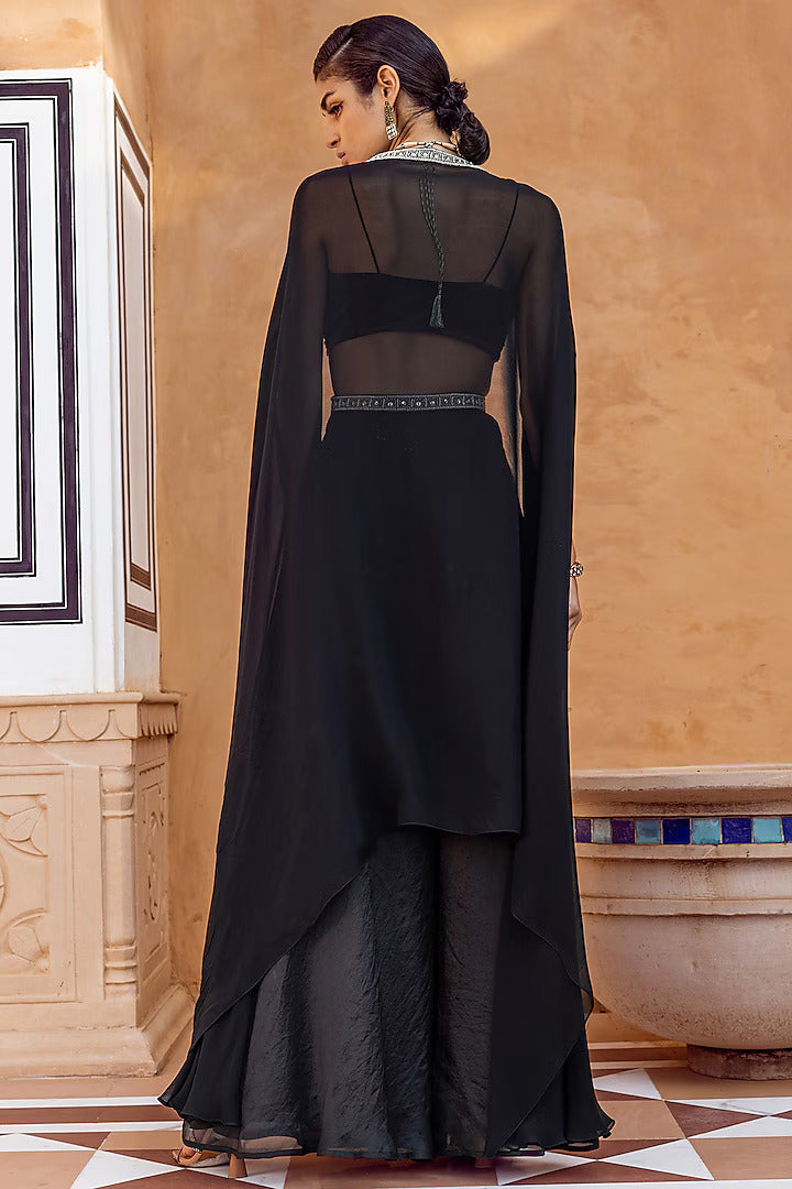 Black Embellished Cape Set