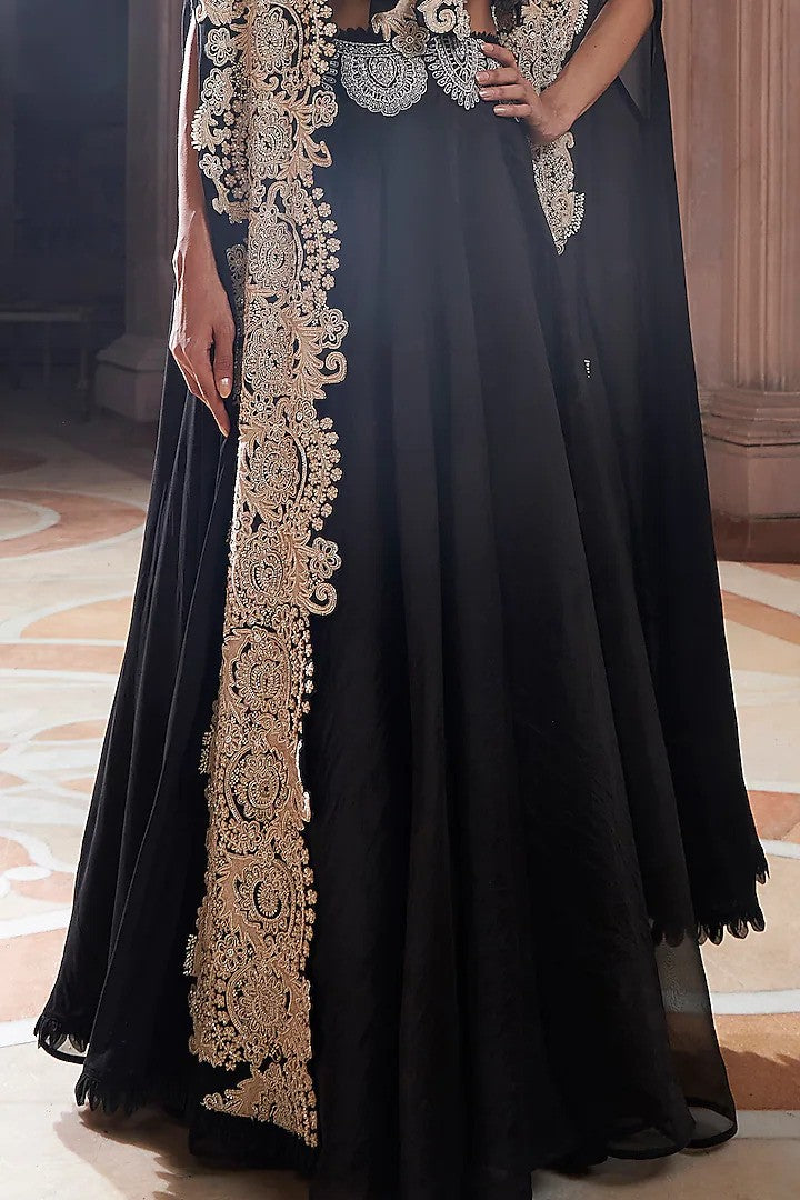 Black Pure Georgette Cape Set Ameera
